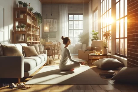 A woman being mindful in her living room with the sun coming in the windows.