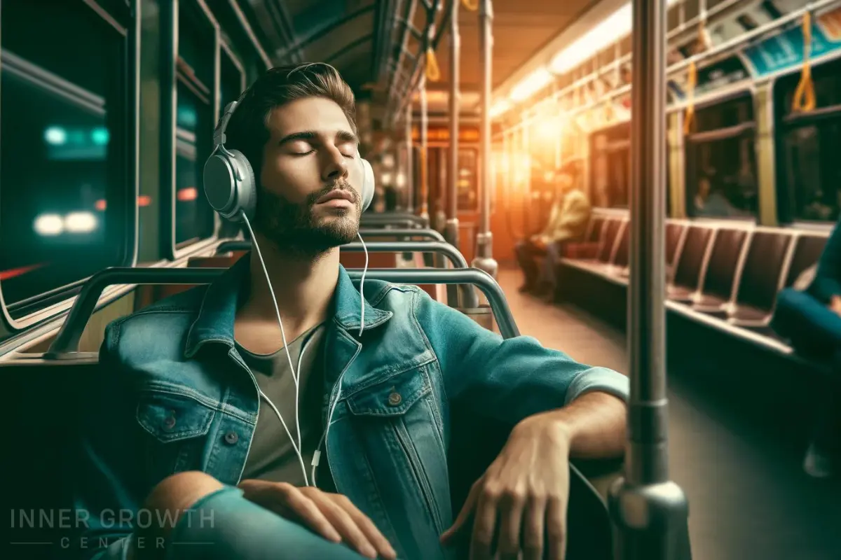 A man listening to music and closing his eyes being mindful on public transport