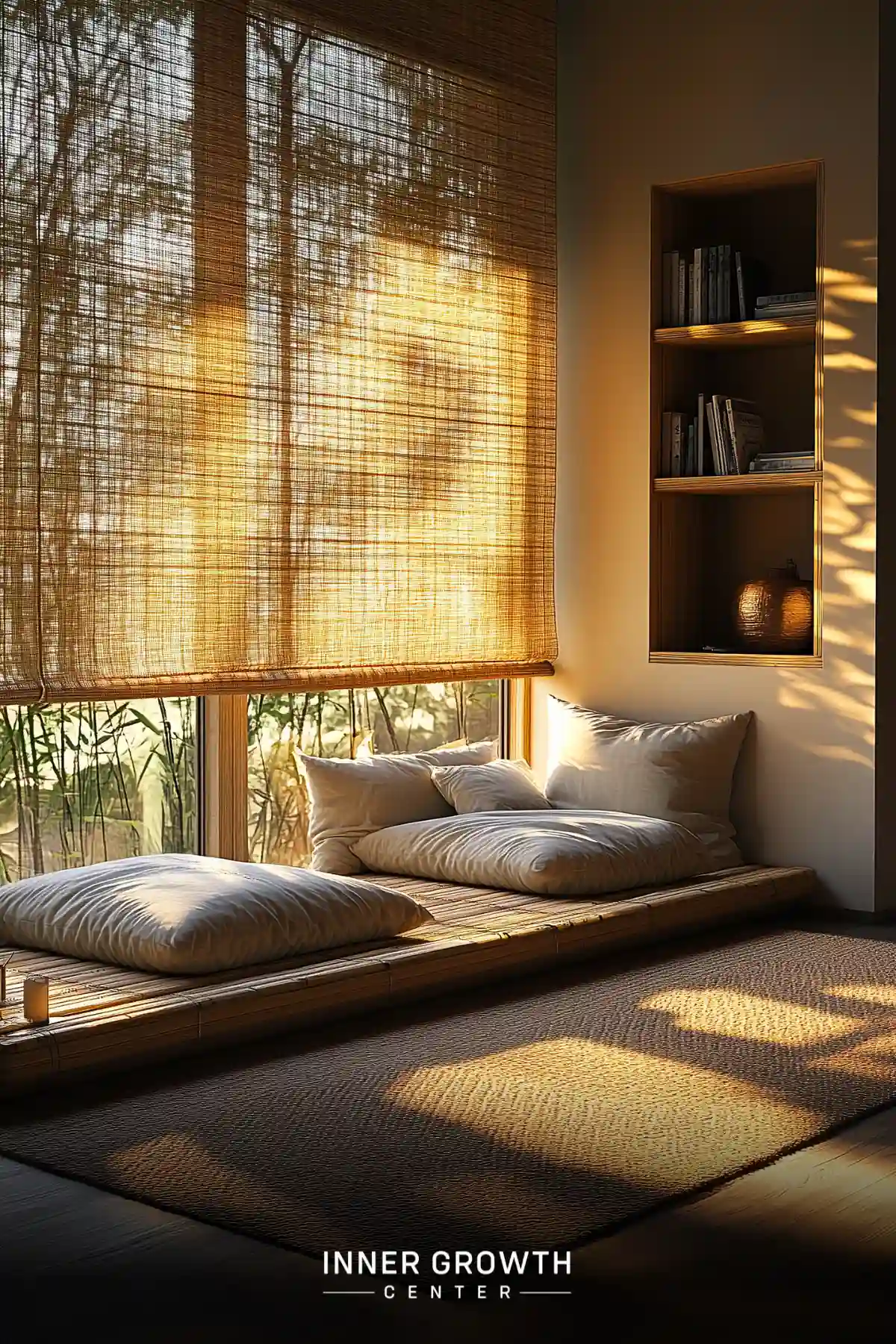 A low-profile bamboo platform with white cushions sits beneath a large window with bamboo shades, creating a serene meditation space with built-in shelving.