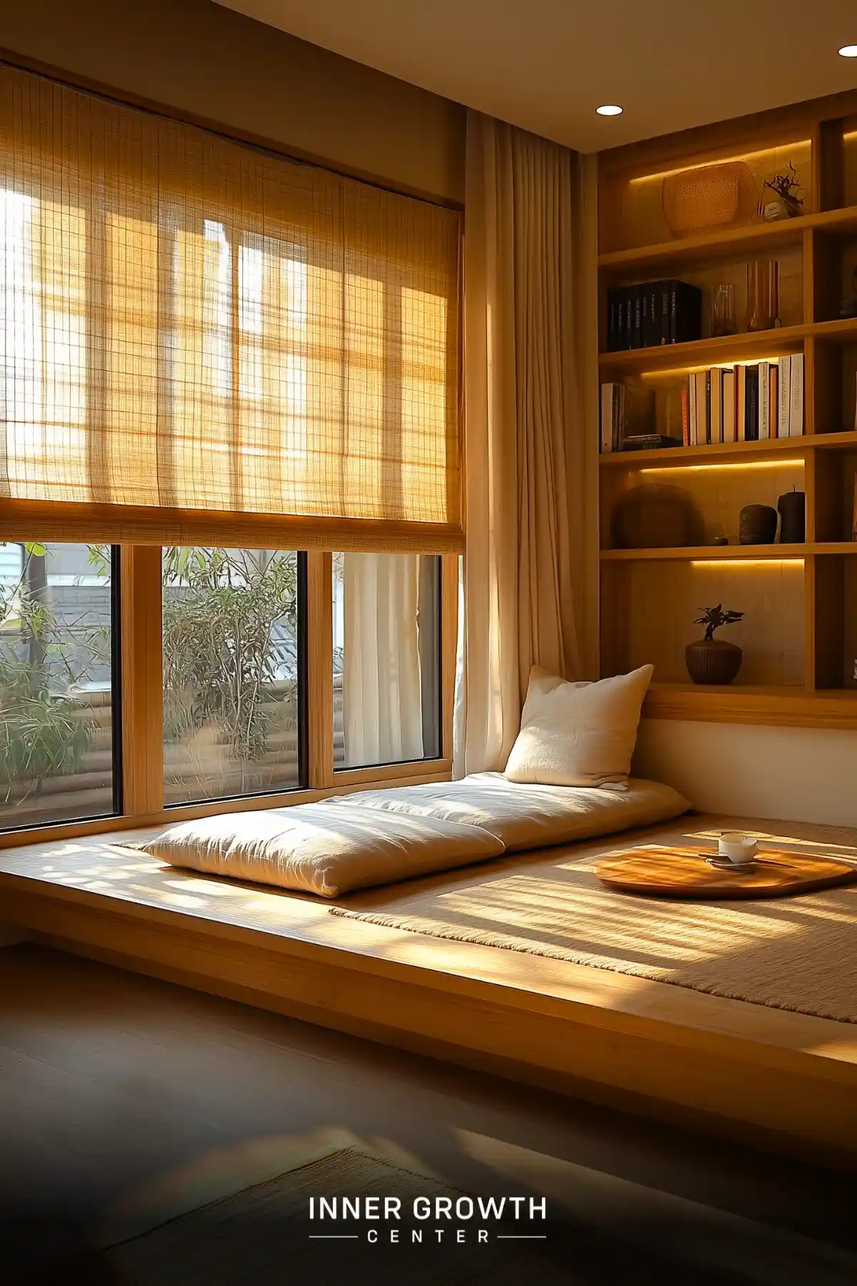 A minimalist window platform with floor cushions features built-in shelving, bamboo shades, and warm lighting creating a serene meditation space.