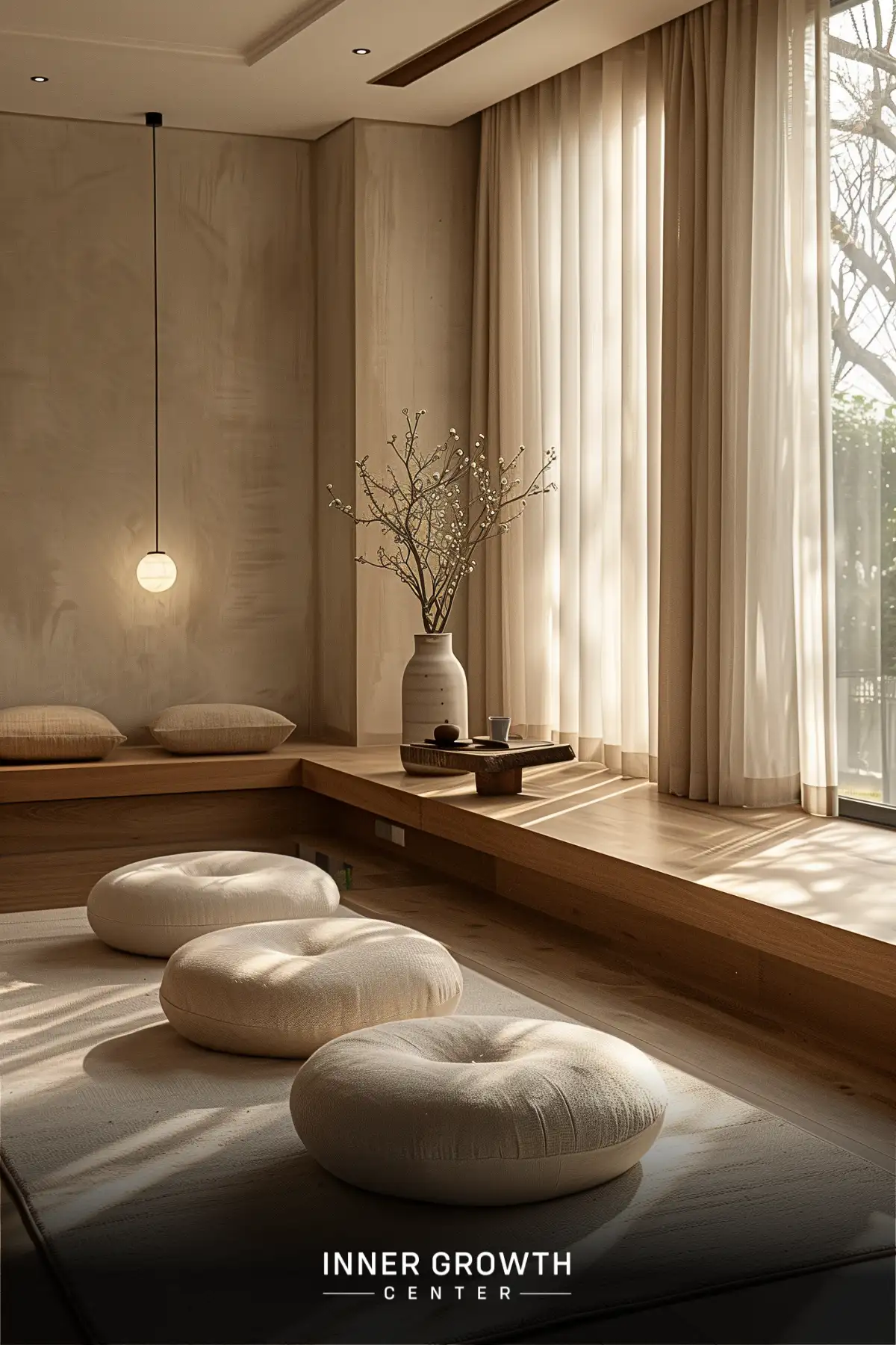 A serene meditation space with cushions, natural light, and minimalist decor.