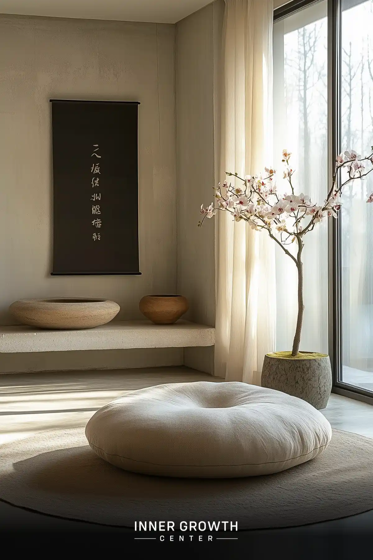 A serene meditation space with a round cushion, Japanese scroll, and blooming cherry blossom tree.