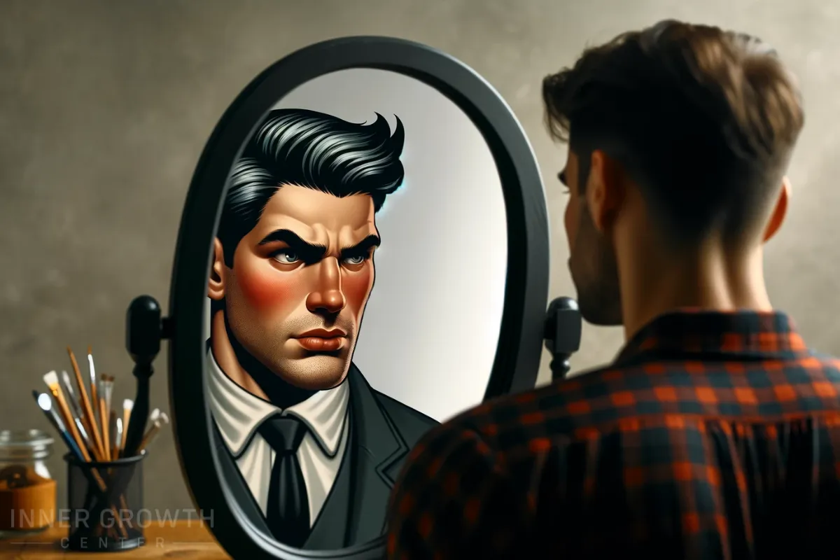 A person looking at their reflection in a mirror, where the reflection shows an exaggerated stereotype, contrasting with the person's true identity that represents a balanced blend of masculine and feminine energies. This image symbolizes the gap between societal misconceptions and personal reality.