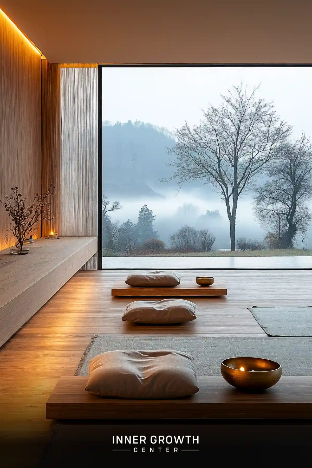 A minimalist meditation room with large windows overlooking a misty mountain landscape, featuring cushions and a singing bowl.