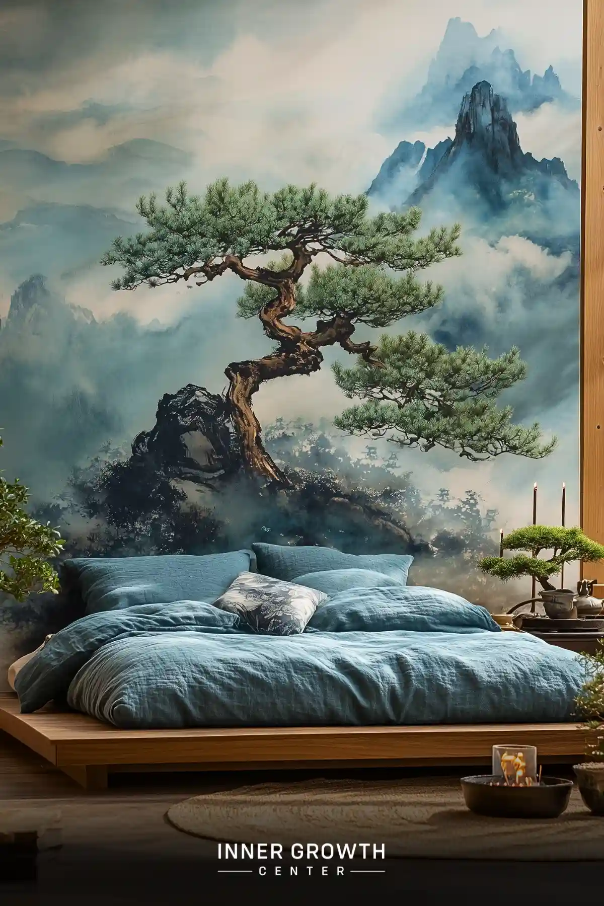 Bedroom with large mural of pine tree on misty mountain, blue bedding on platform bed.