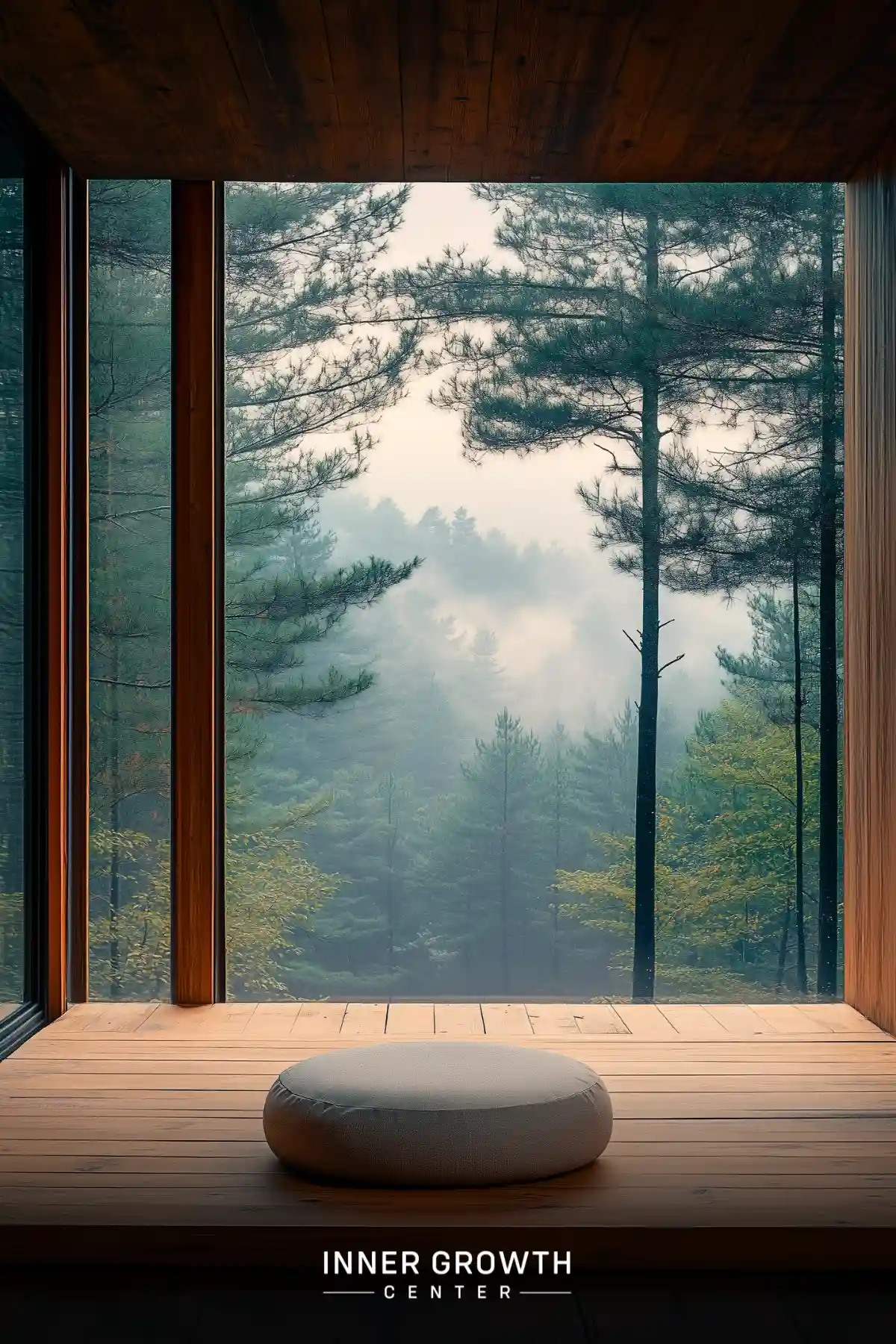 A minimalist meditation space with a single round cushion faces floor-to-ceiling windows overlooking a misty pine forest vista