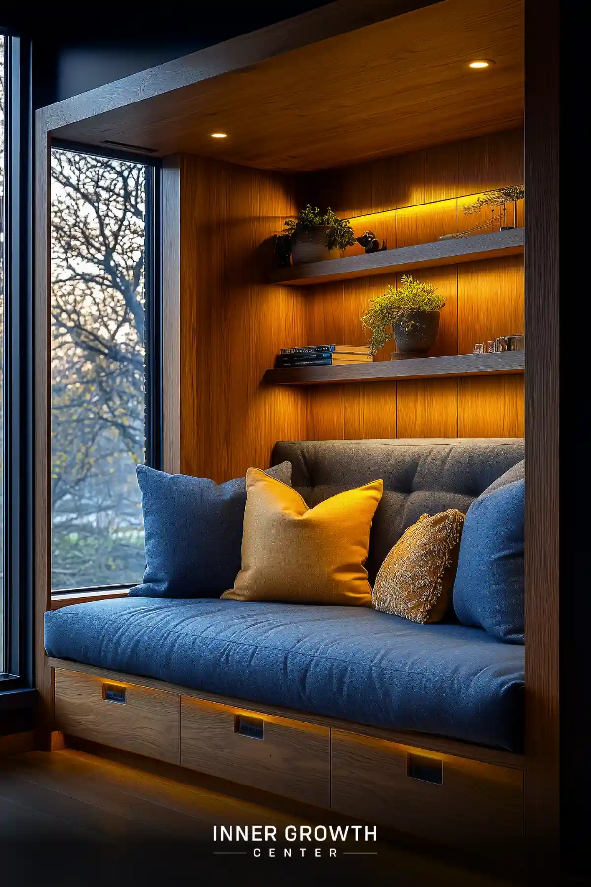 A built-in window seat with blue cushions and yellow accent pillows features warm wood paneling and integrated storage beneath