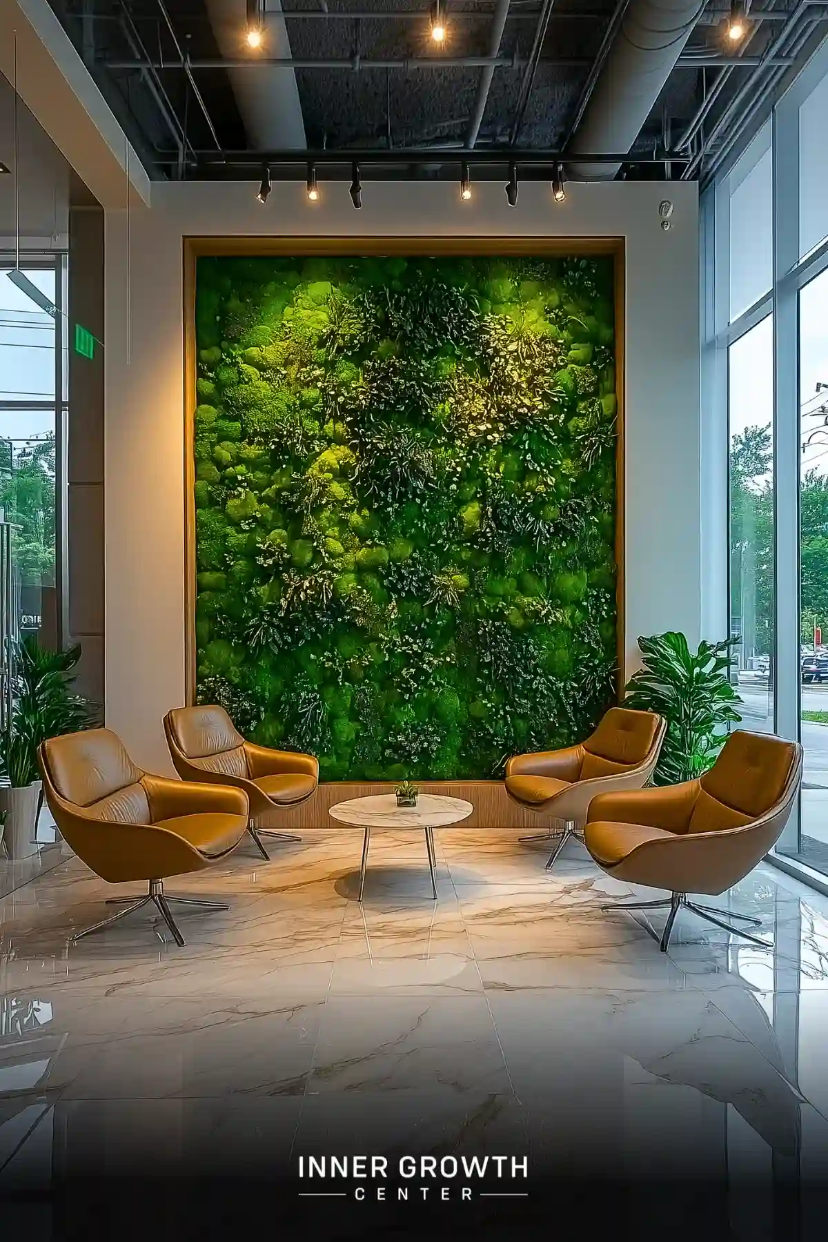 Contemporary lobby featuring a large framed moss wall art piece with tan leather lounge chairs arranged around a marble coffee table.