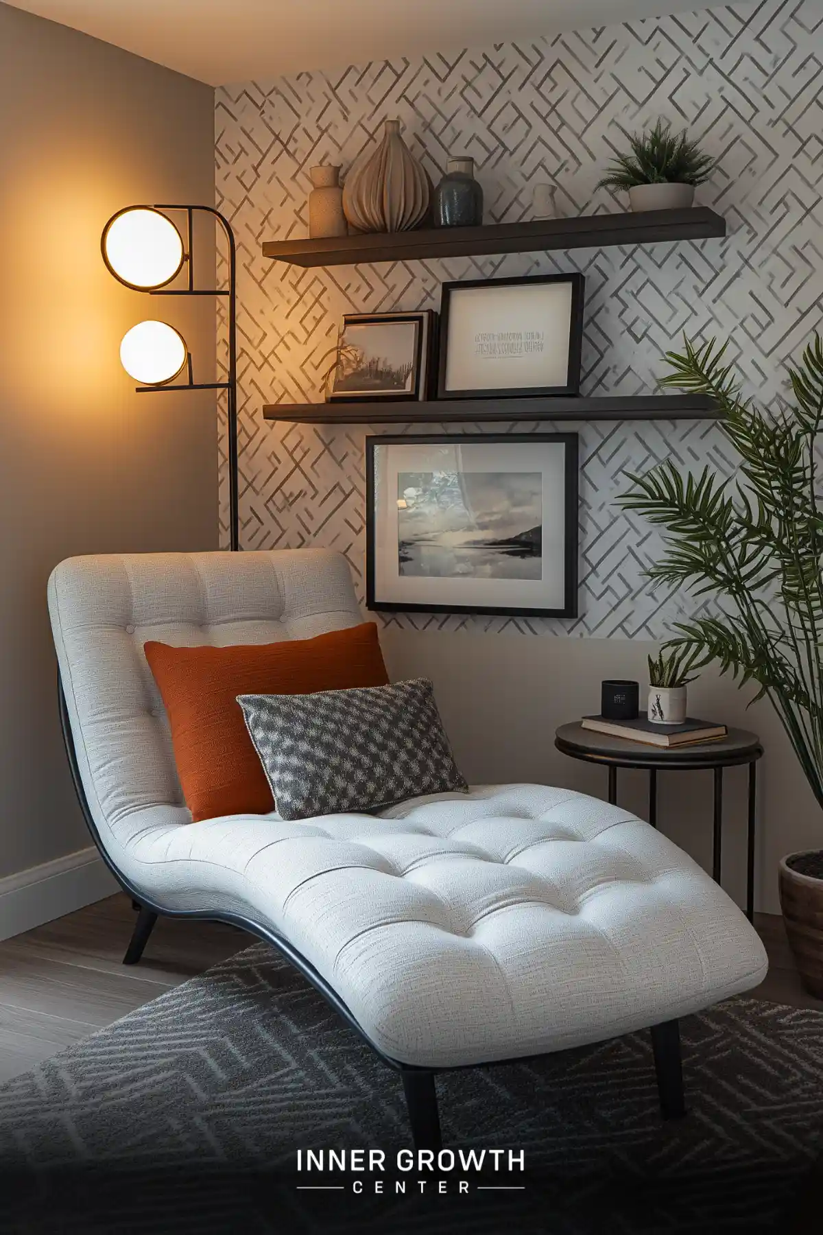 A white tufted chaise lounge positioned beneath floating shelves with geometric wallpaper and modern lighting creating a contemporary reading nook