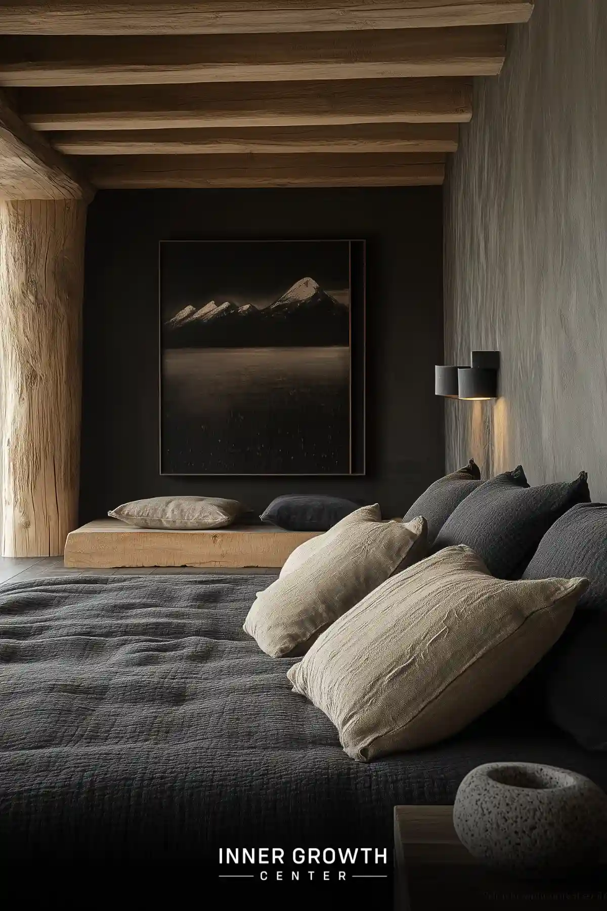 Dark bedroom with wooden beams, large mountain artwork, and plush bedding in neutral tones.