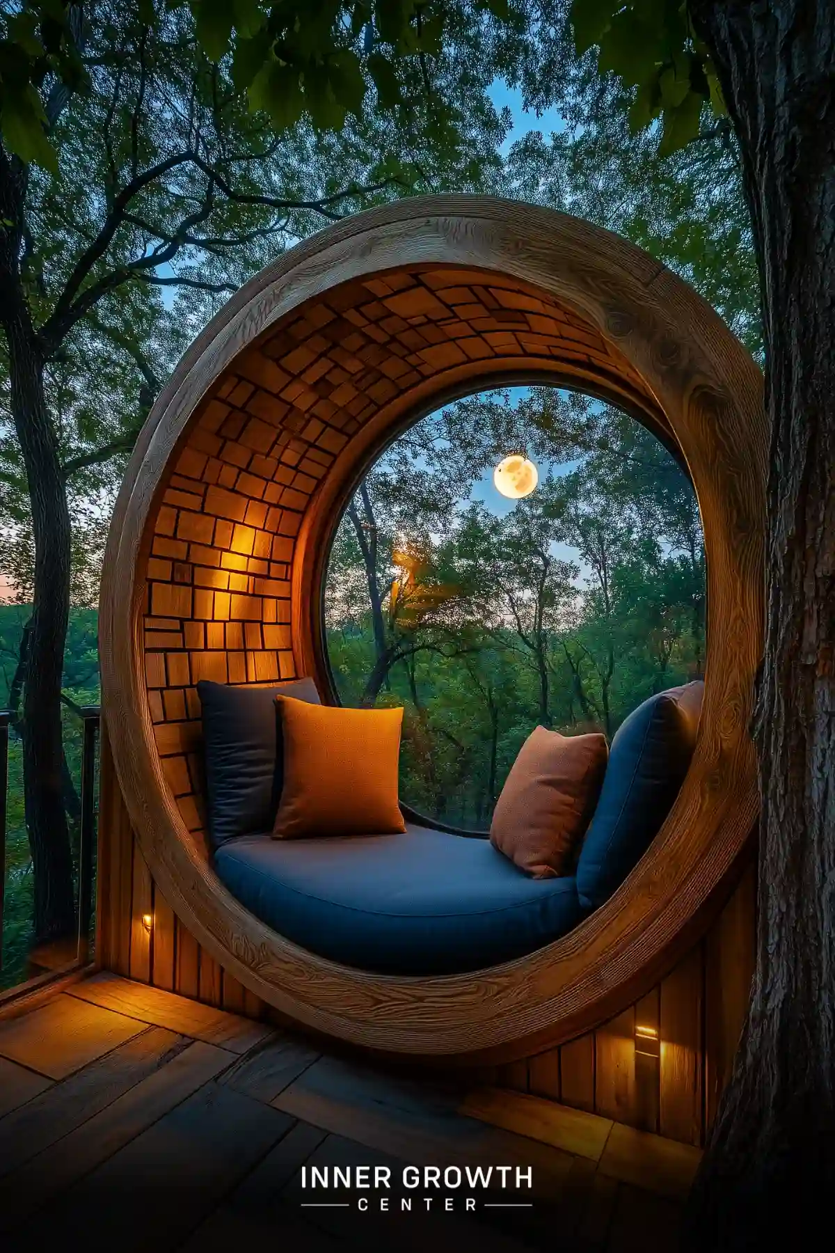 A circular wooden meditation pod with blue cushions and warm lighting offers a cozy outdoor space overlooking a moonlit forest