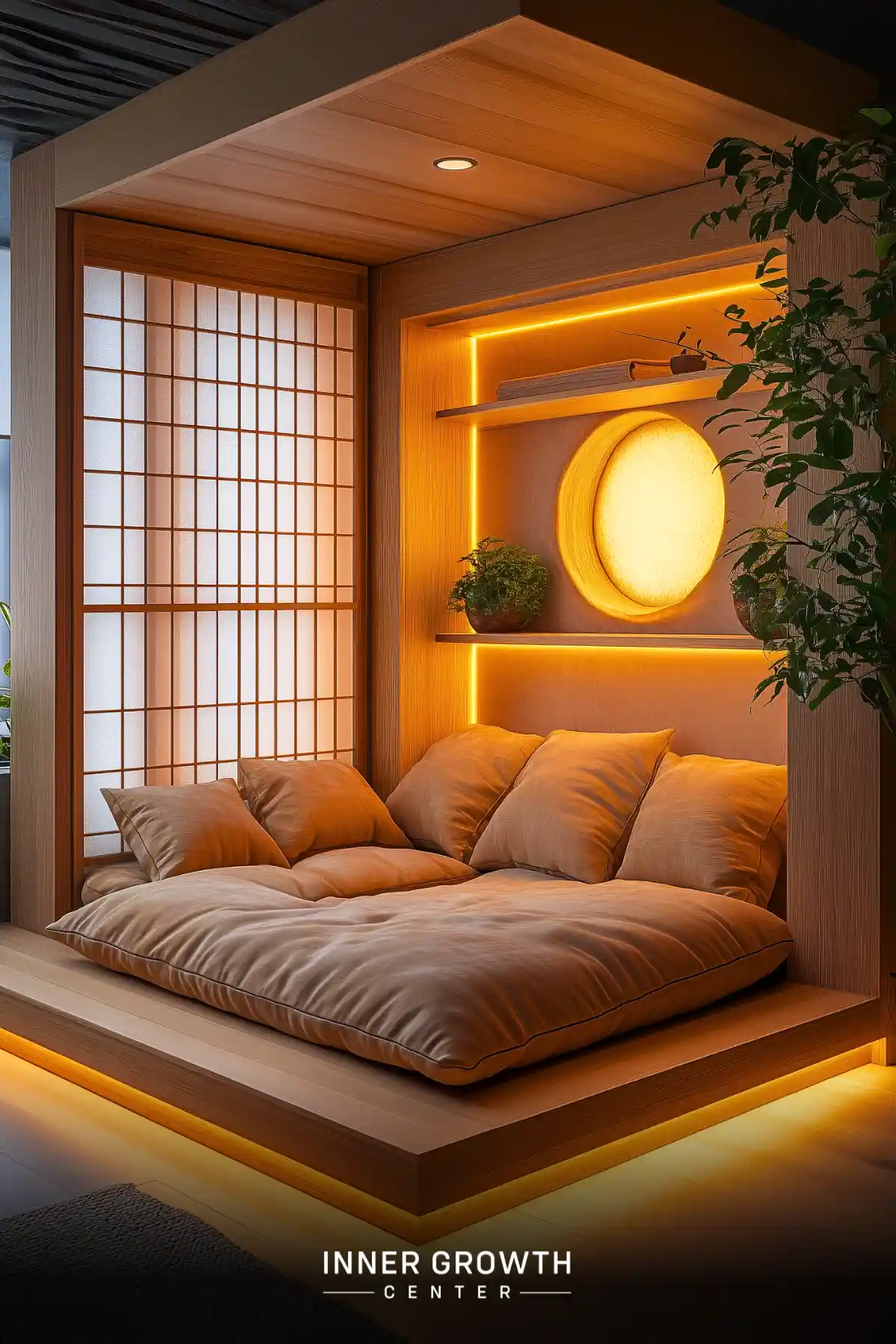 A cozy Japanese-style meditation space featuring a floor cushion, shoji screen, and circular moon-like light with warm ambient lighting