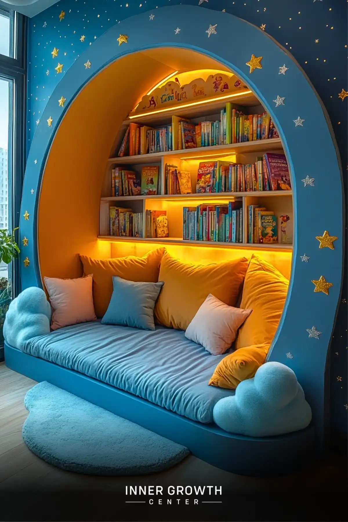 A cozy blue arched reading nook with built-in bookshelves, glowing star decorations, cloud pillows, and warm lighting creates a magical space for young readers.