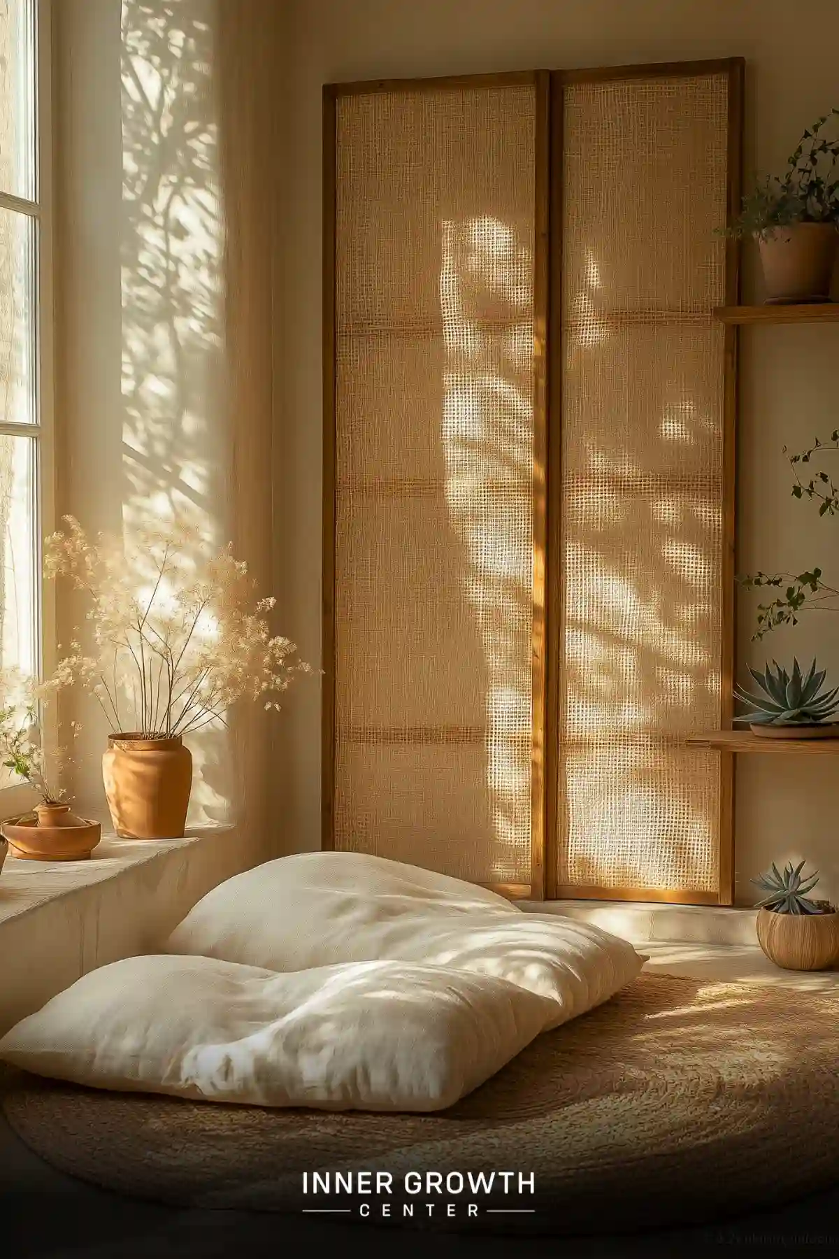 A minimalist meditation space with floor cushions, woven screen panels, and natural sunlight casting tree shadows through succulents