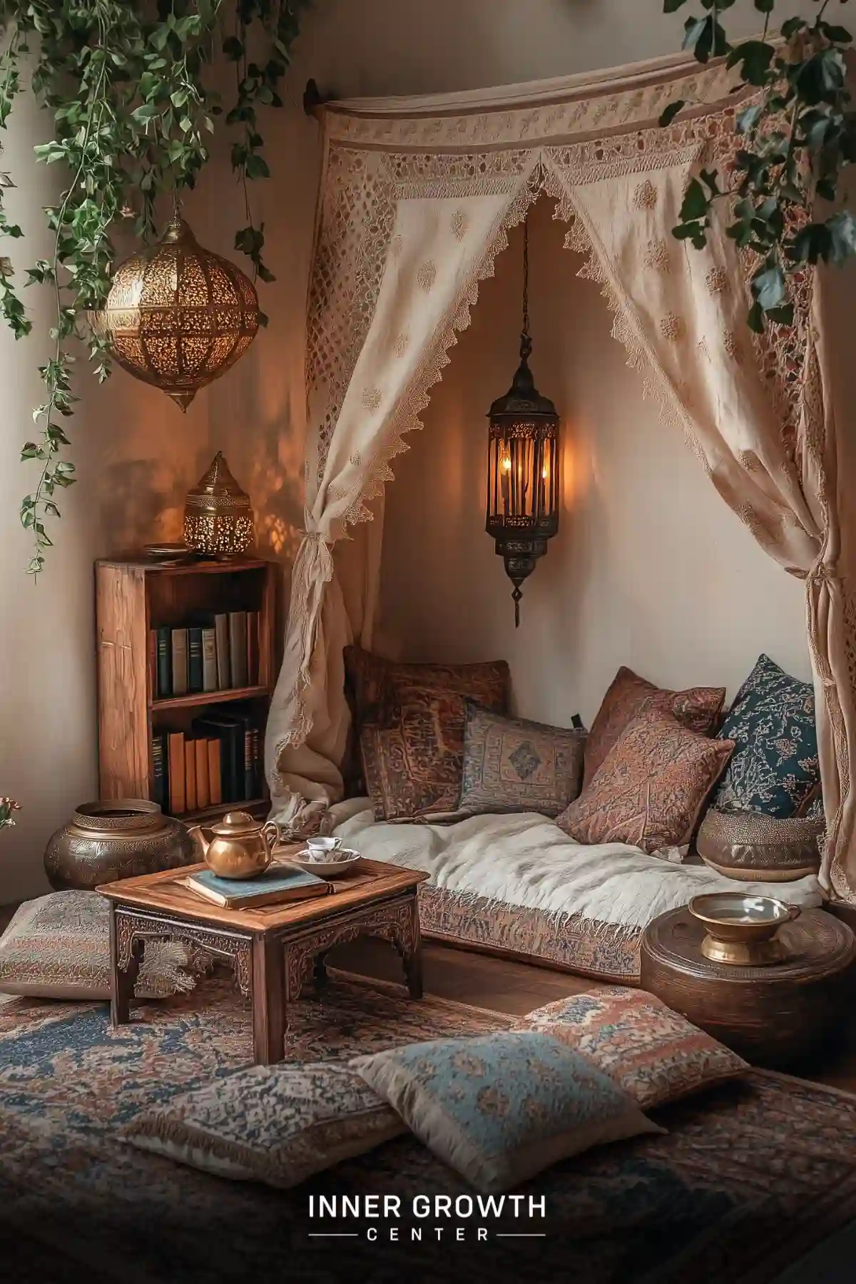 A cozy reading nook with Moroccan-inspired decor, featuring ornate lanterns, lush plants, and plush cushions.