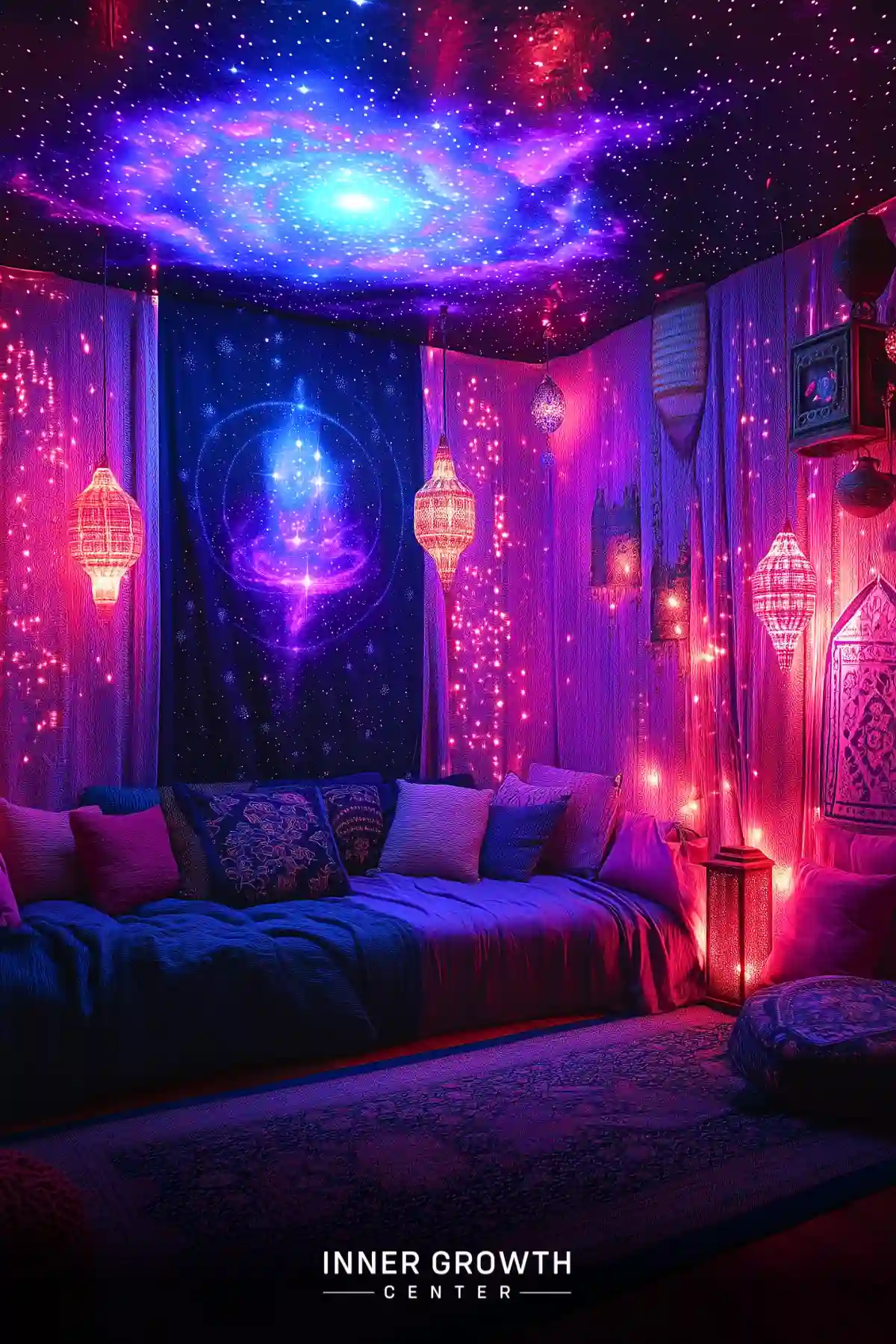 A meditation space with ornate Moroccan lanterns, cosmic ceiling projections, and plush seating adorned with patterned pillows in rich blue and purple hues.