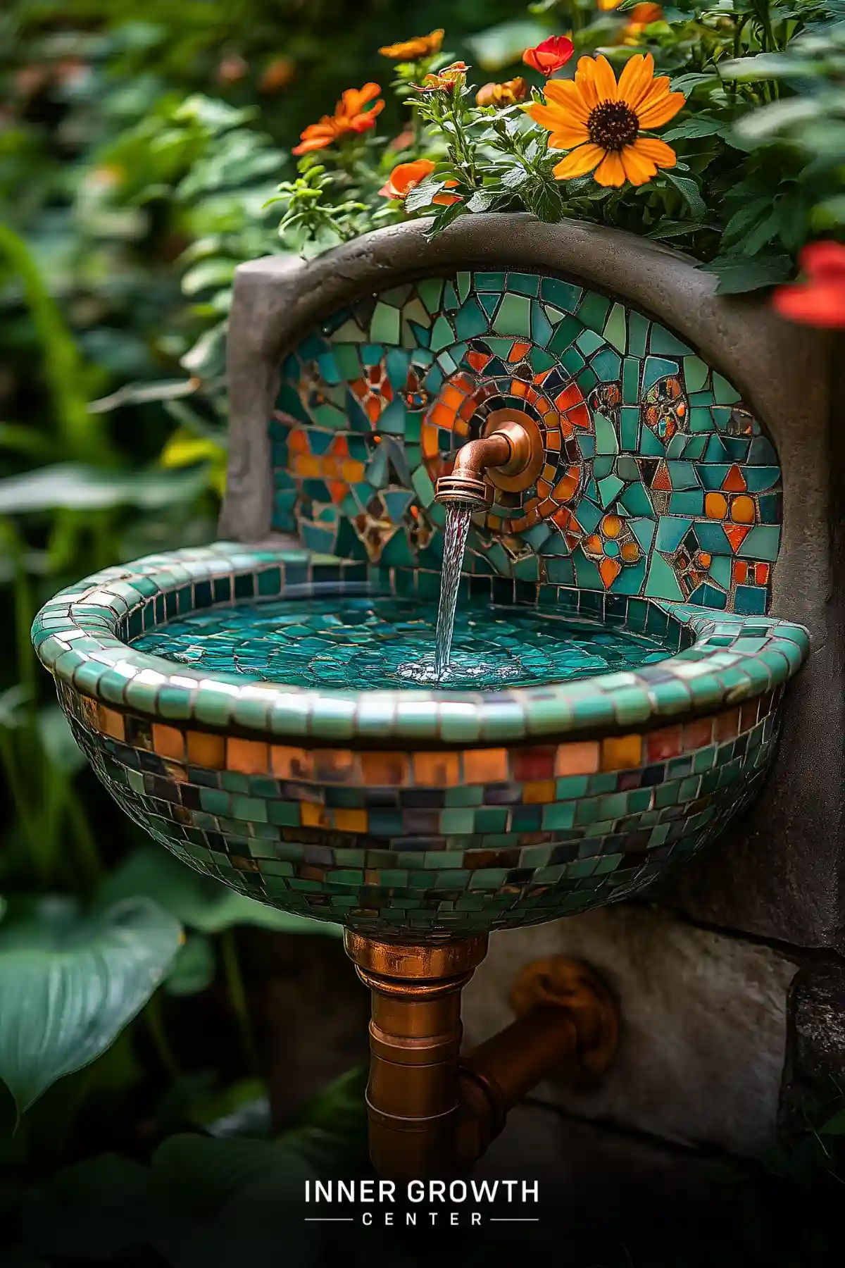 A colorful mosaic fountain with running water surrounded by vibrant flowers in a garden setting.