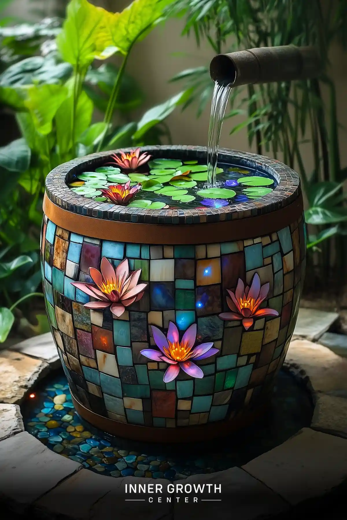 A colorful mosaic fountain with lotus flowers and lily pads, surrounded by lush greenery.