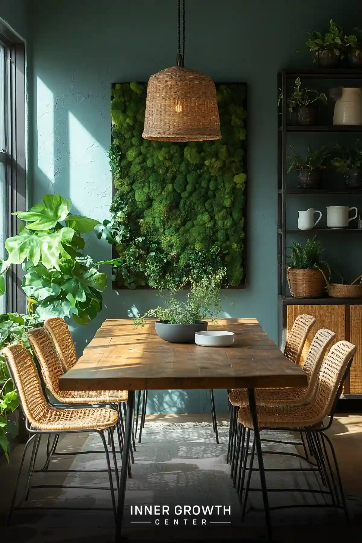 Modern dining space with a preserved moss wall art piece, natural rattan chairs, and large monstera plant near sunlit windows.