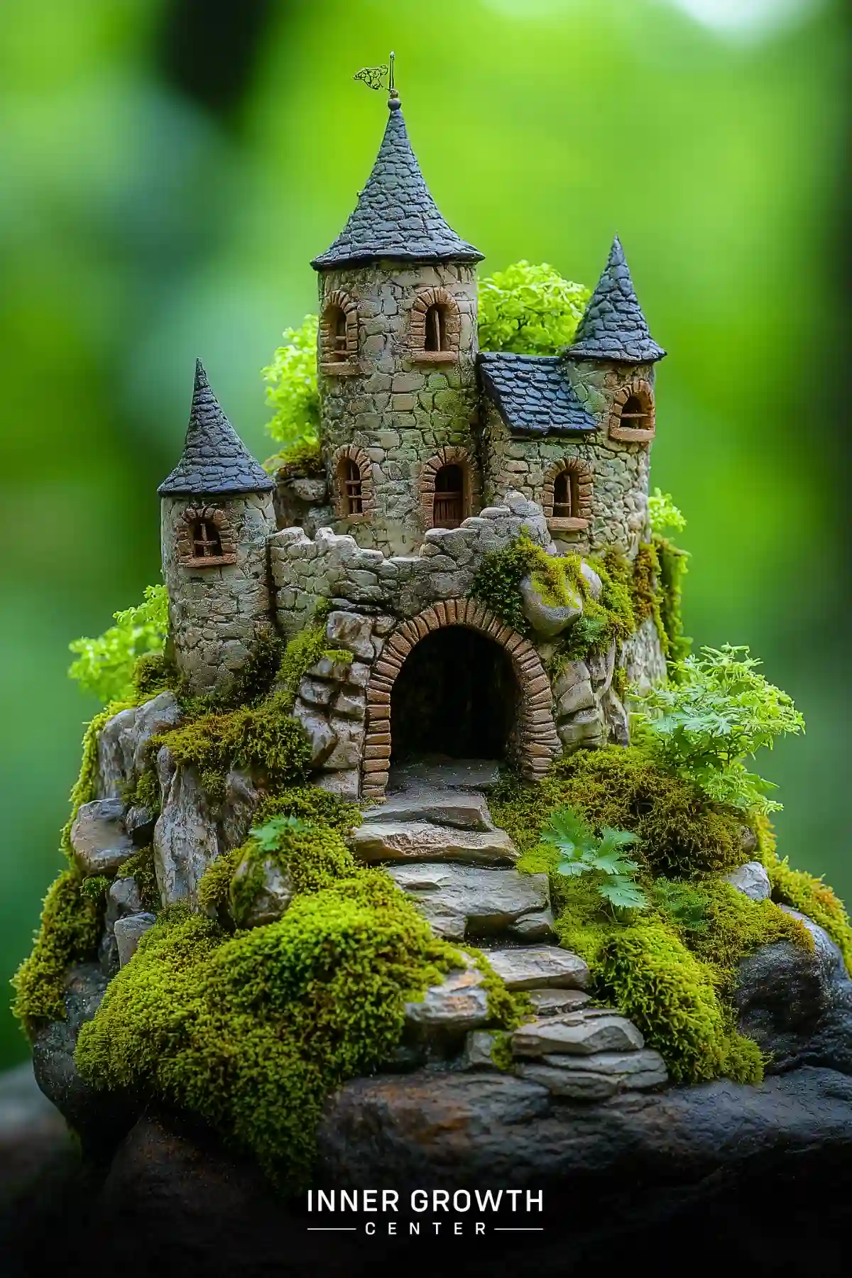 A miniature stone castle with three spired towers set atop a mossy hill, featuring an arched entrance and winding stone steps.