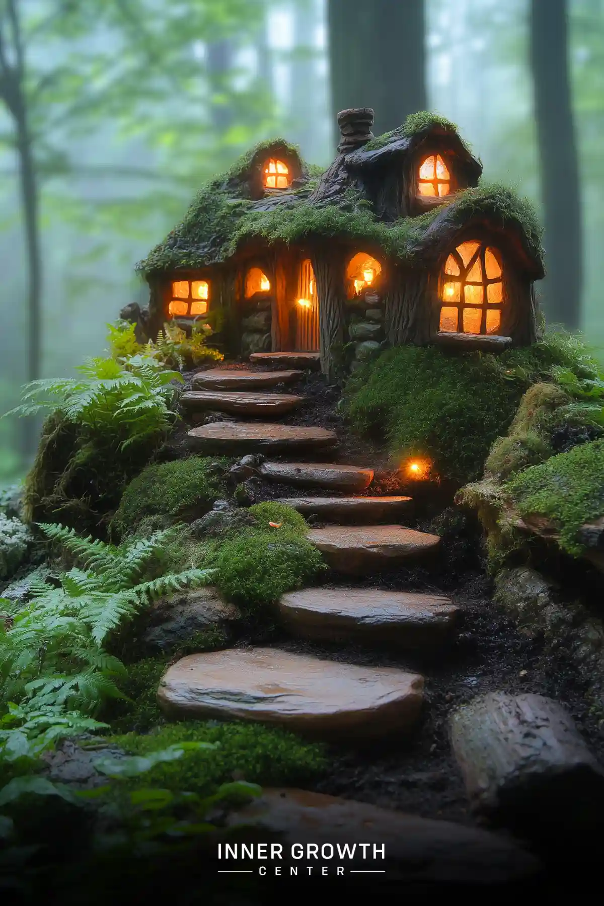 A miniature moss-covered cottage with glowing windows perched atop stone steps, surrounded by ferns and misty forest.