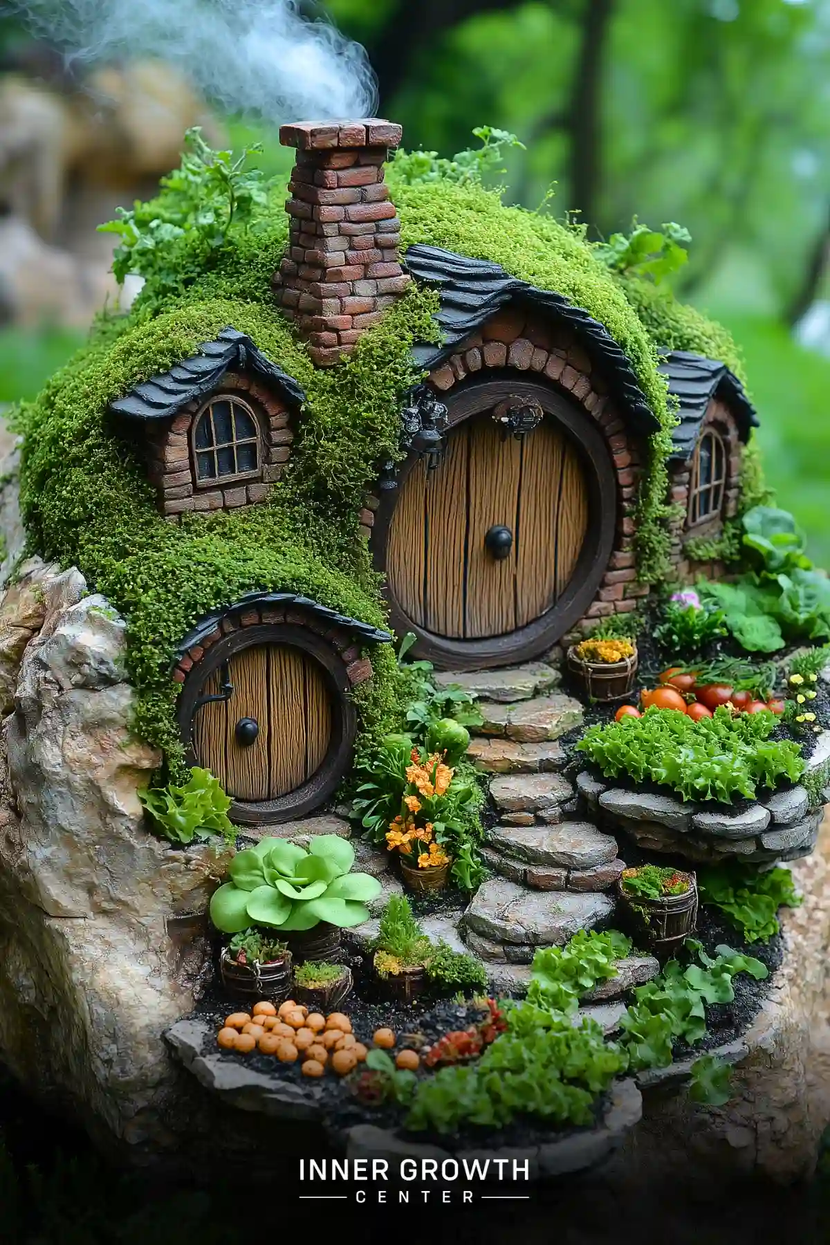 A miniature hobbit-style dwelling with round wooden doors, covered in moss and surrounded by tiny vegetable gardens and stone steps.