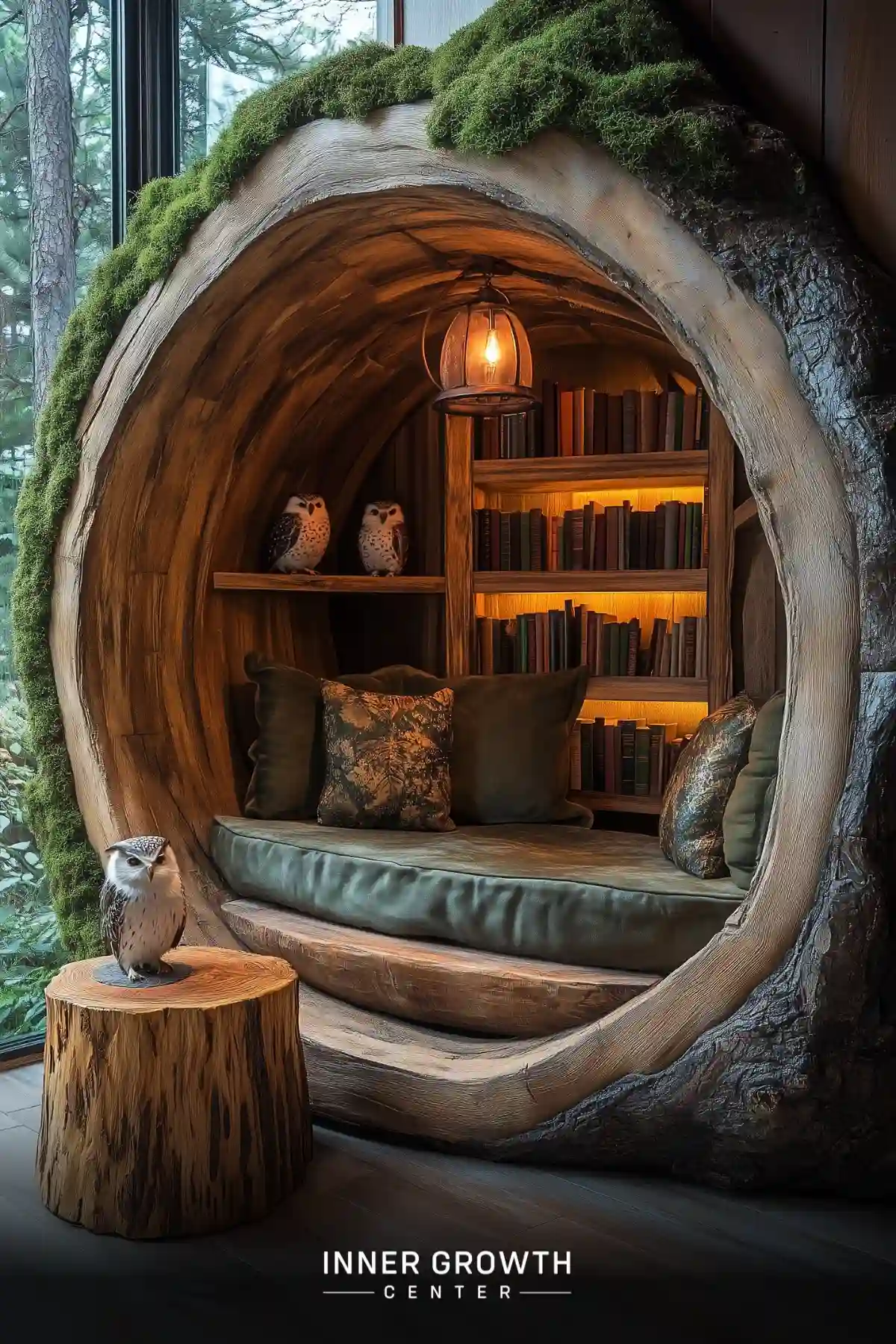 A hobbit-inspired reading nook carved into a tree trunk with moss covering, featuring backlit bookshelves, olive cushions, and decorative owl figures.