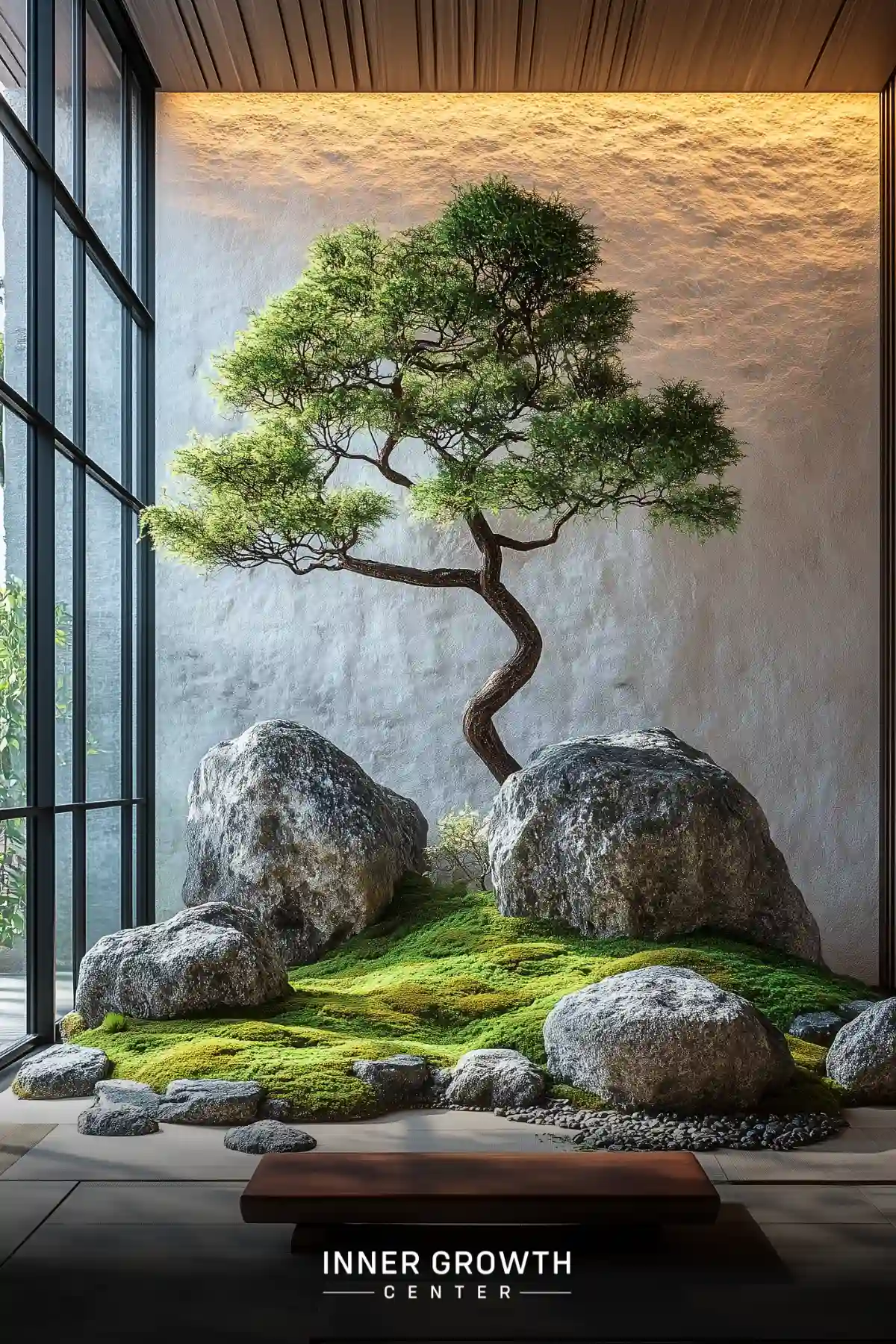 A minimalist meditation space featuring a twisted bonsai tree growing from moss-covered rocks against a textured white wall.