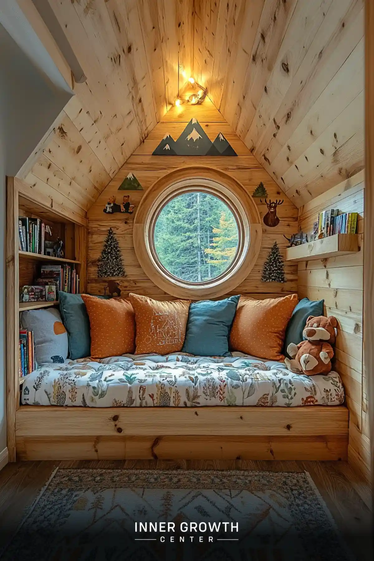 A cozy wooden reading alcove with a round window overlooking forest, featuring mountain decor, built-in bookshelves, and a cushioned daybed with forest-themed pillows.