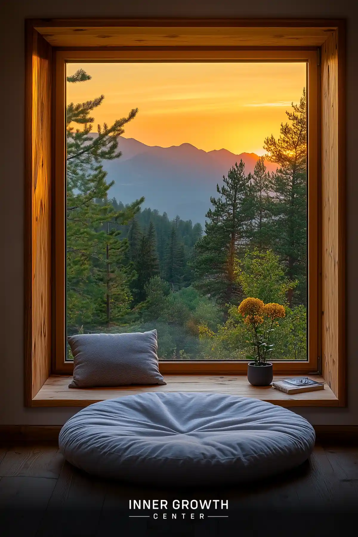 A cozy meditation area with a round floor cushion beneath a window framing a spectacular mountain sunrise and pine forest vista.