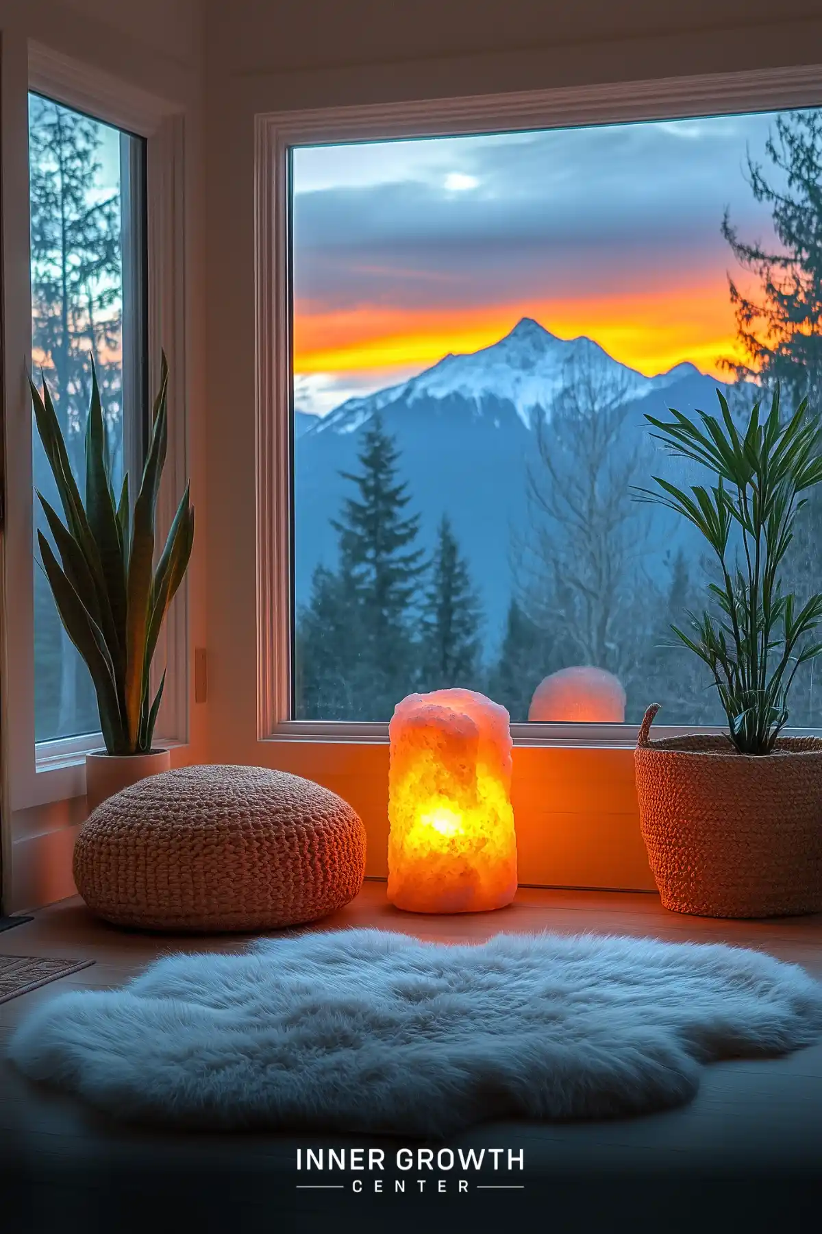 A cozy meditation space with a window view of mountains at sunset, featuring a salt lamp and potted plants.