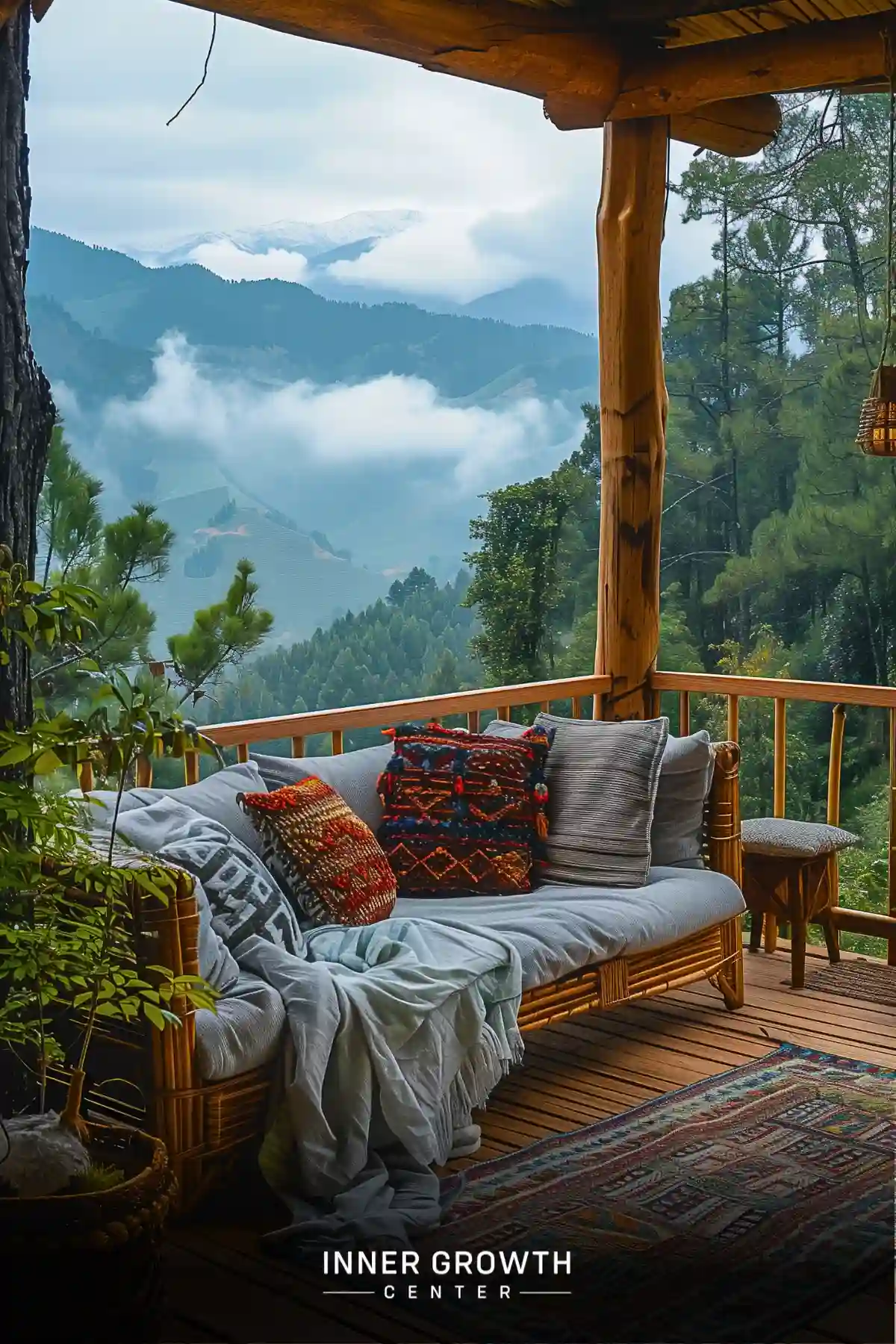 A cozy outdoor daybed on a wooden deck overlooking misty mountains and valleys.