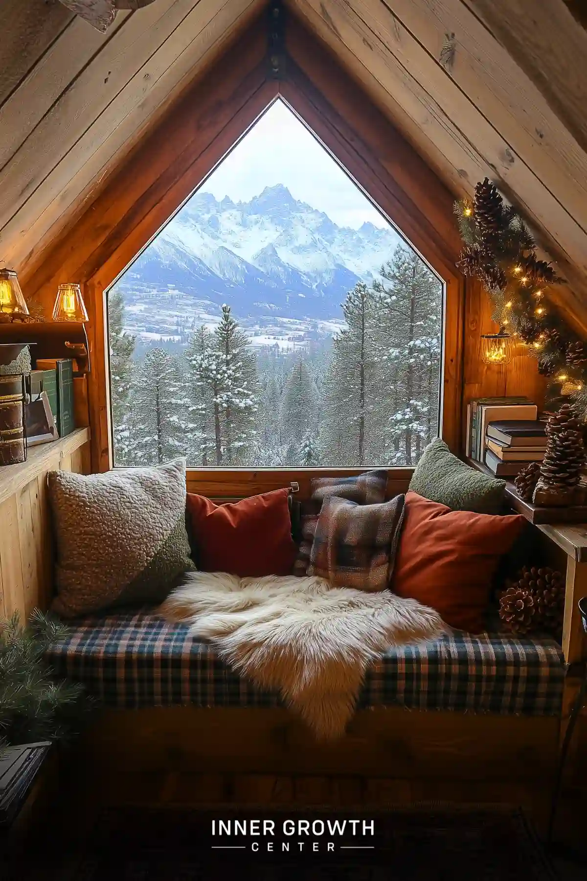 Cozy attic nook with large window overlooking snowy mountains and forest.