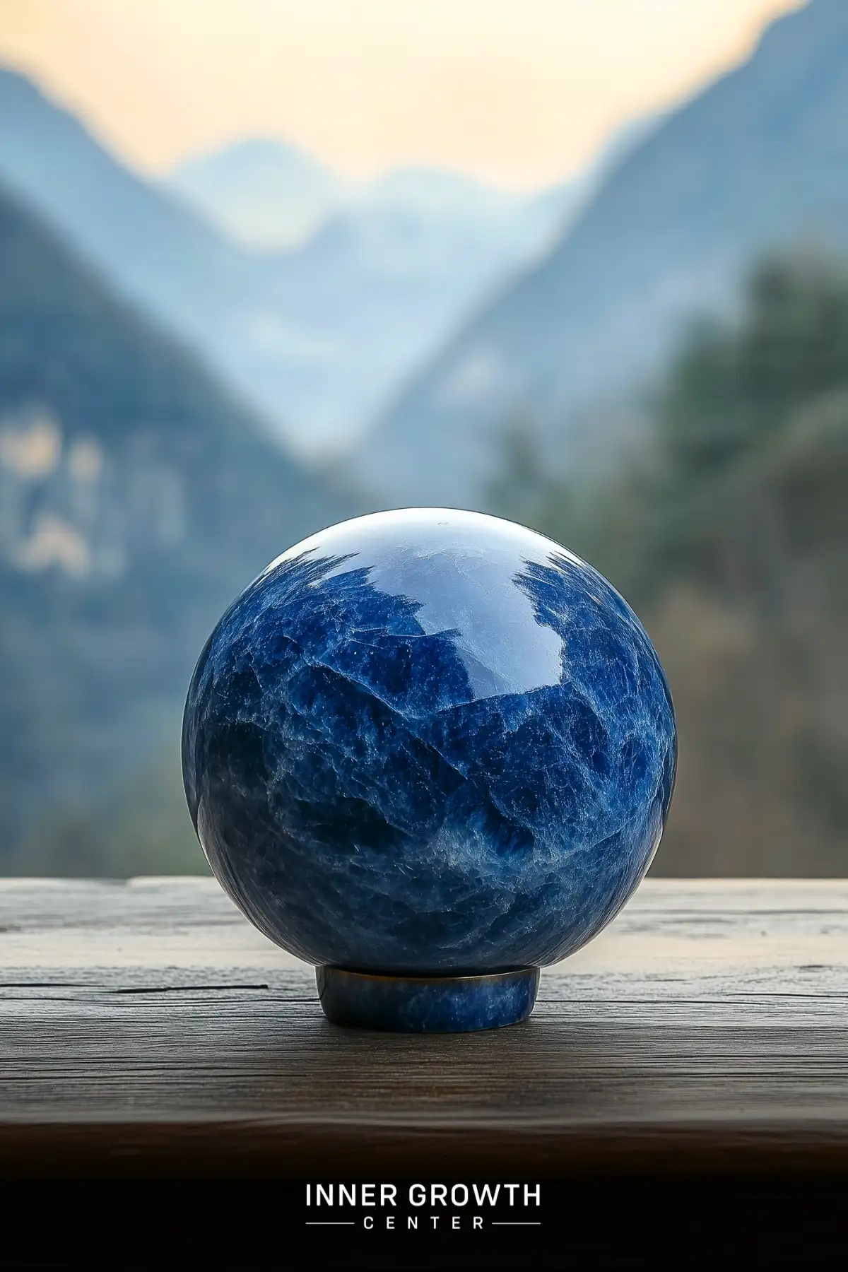 A polished deep blue sodalite sphere sits on a wooden surface against a misty mountain backdrop, creating a striking visual parallel between the crystal and landscape.