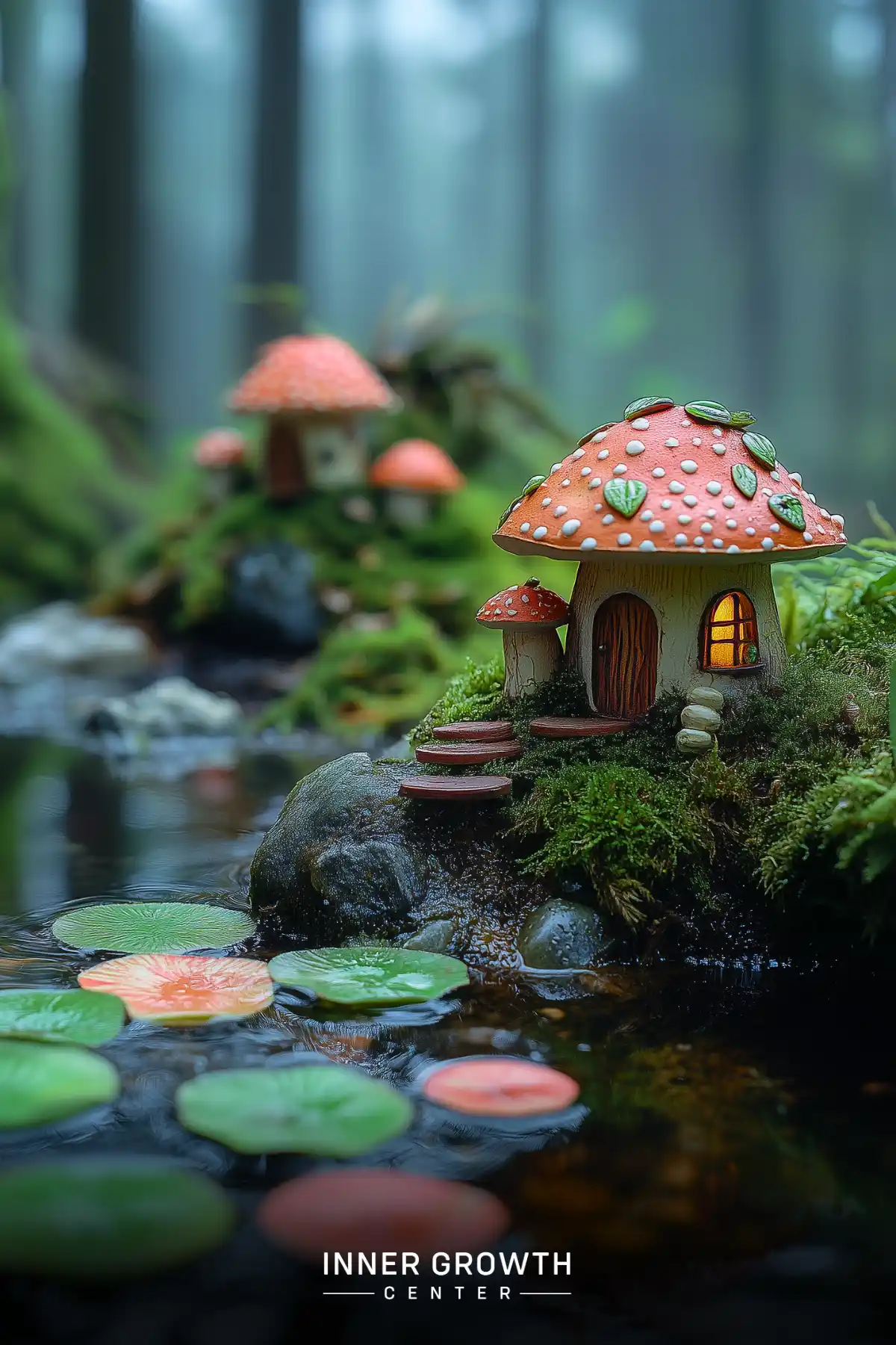 A whimsical miniature mushroom house with glowing windows perched on a mossy rock, surrounded by lily pads in a forest pond.