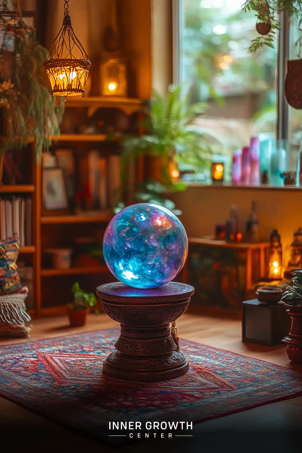 A glowing blue and purple crystal sphere rests on an ornate wooden pedestal, surrounded by warm lighting and plants in a cozy reading nook.