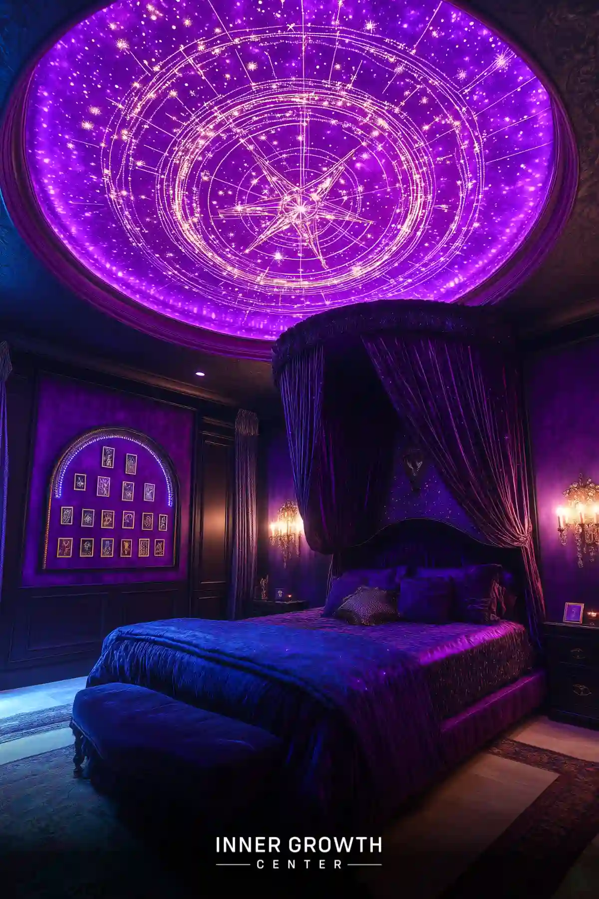 A luxurious purple bedroom with an illuminated astrological ceiling dome, velvet canopy bed, crystal chandeliers, and tarot card display against dark paneled walls