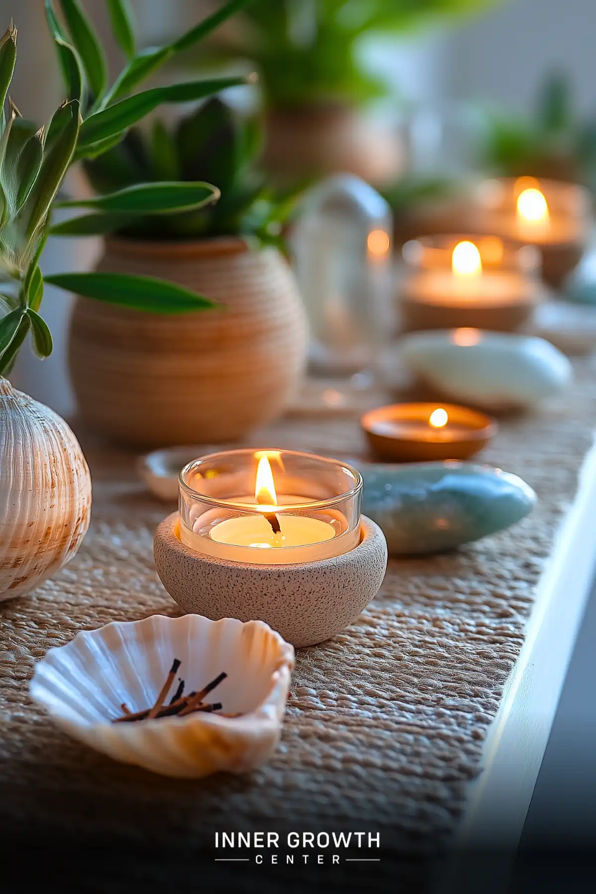 Candles, crystals, plants, and seashells form a harmonious altar for spiritual practice.