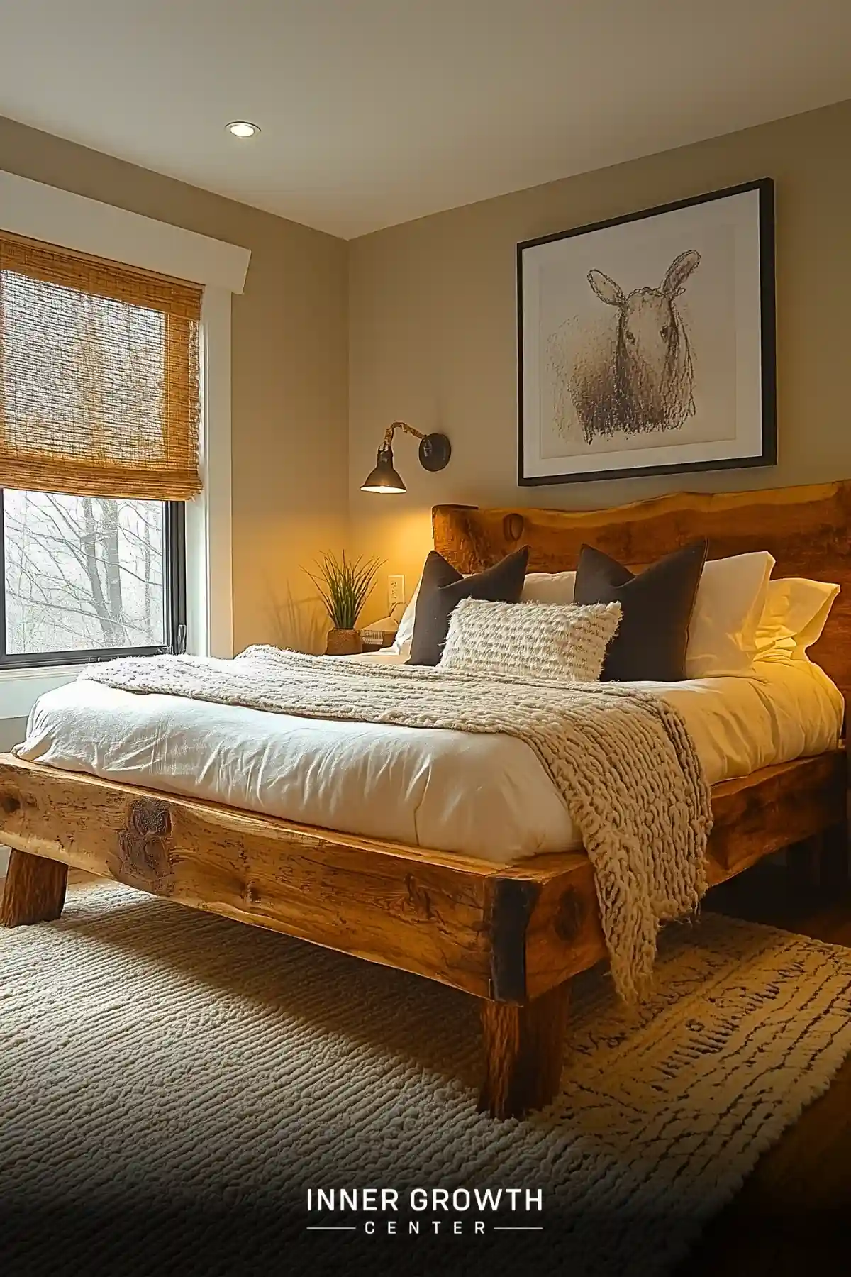 Cozy bedroom with raw wood bed frame, sheep artwork, and natural textures.