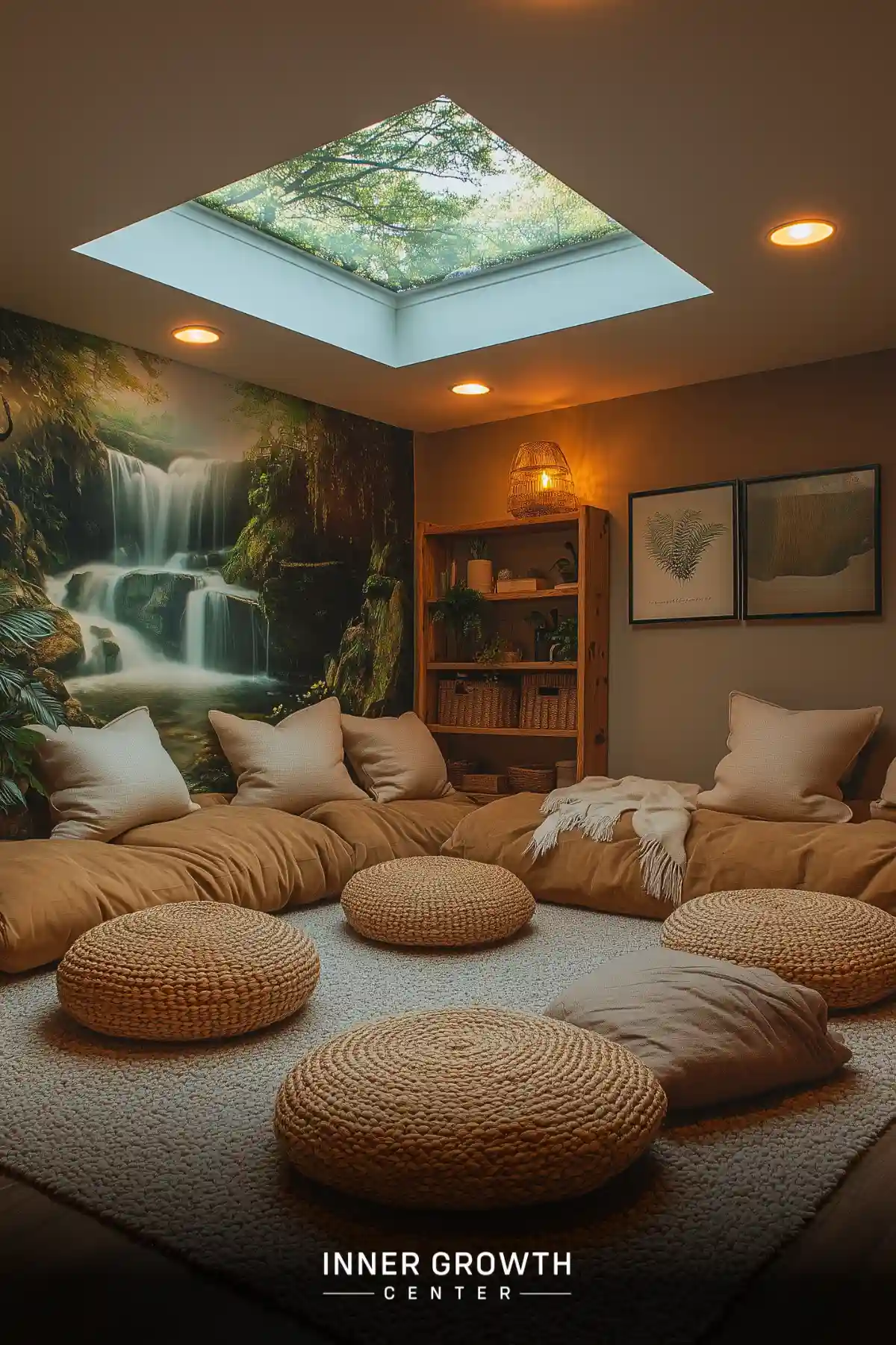 A cozy meditation room with a large skylight, waterfall mural, and comfortable floor seating surrounded by natural elements.