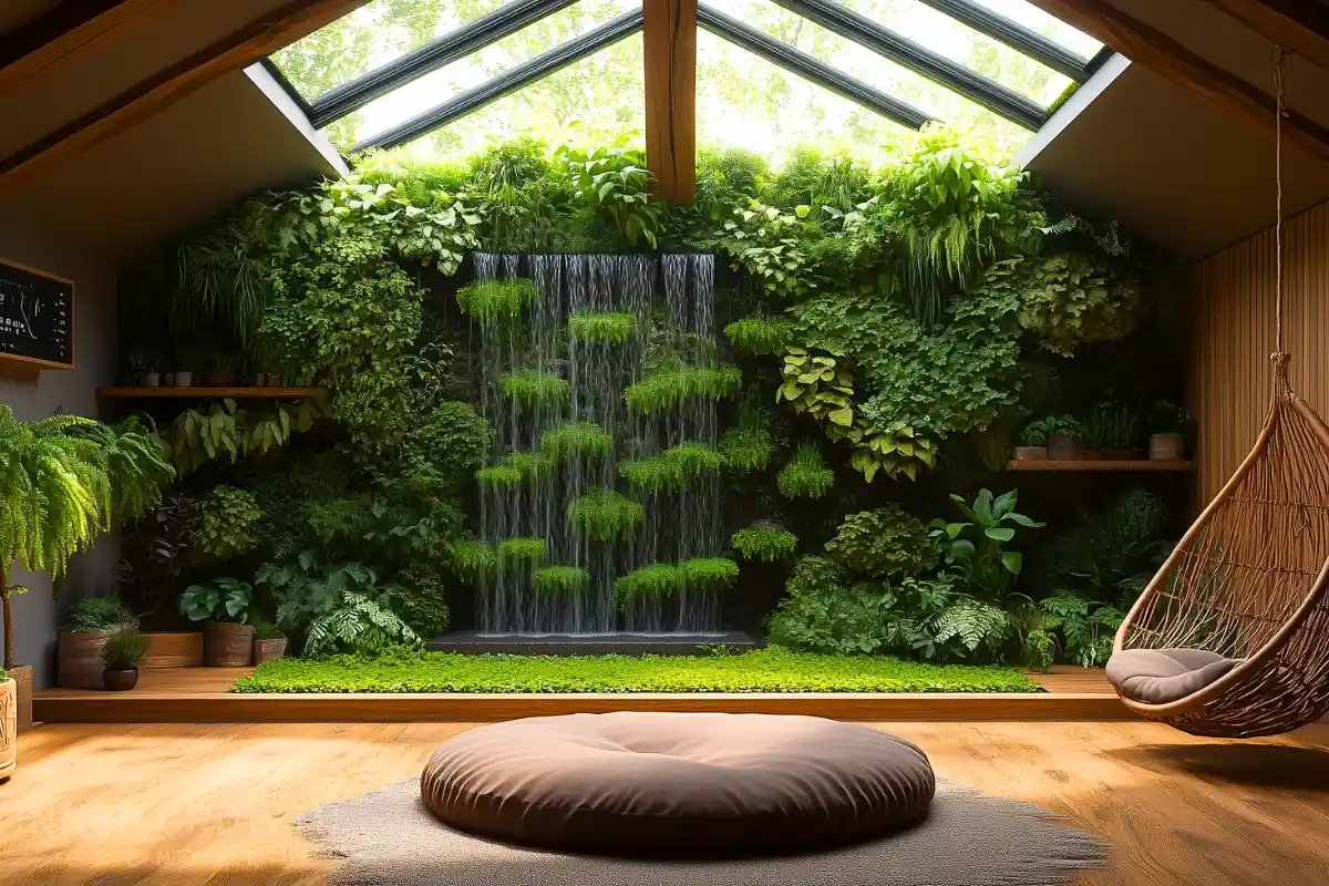 Cozy attic meditation room, skylights streaming sunlight, living wall of lush ferns and ivy, reclaimed wood flooring, oversized round meditation cushion, small indoor waterfall feature, hanging rattan chair, potted plants and a soft wool rug.