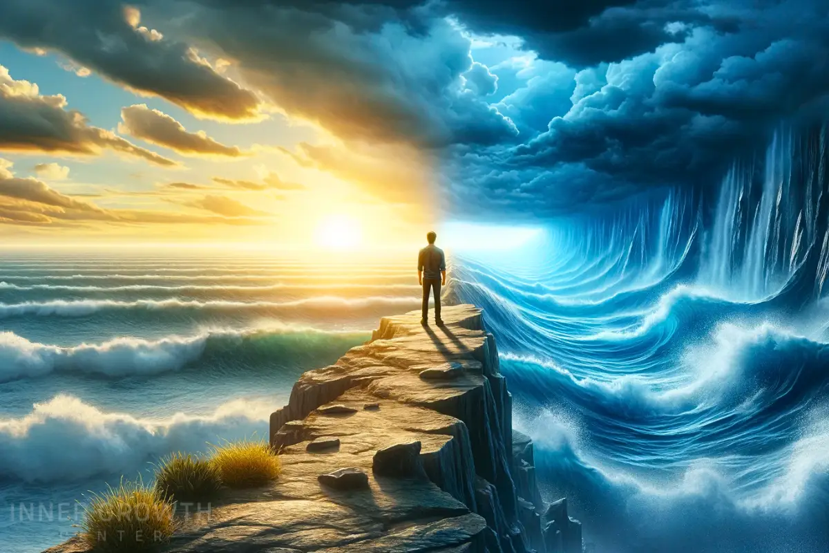 A person standing at the edge of a cliff, facing a stormy sea on one side and a calm, sunny horizon on the other, symbolizing the ups and downs of life and the resilience embodied in navigating hardships through the Law of Relativity.