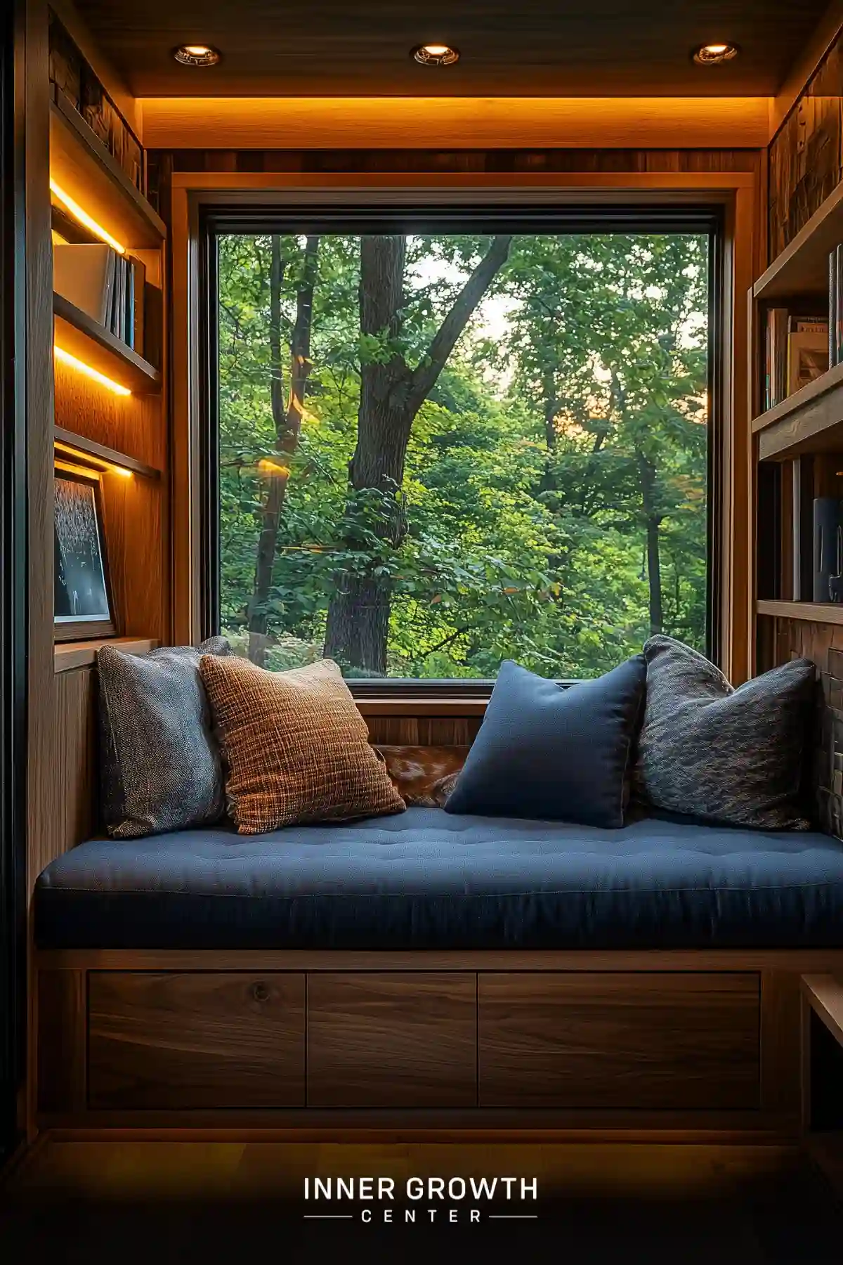 A built-in window seat with a navy blue cushion and mixed throw pillows features illuminated bookshelves and a large window overlooking forest trees.