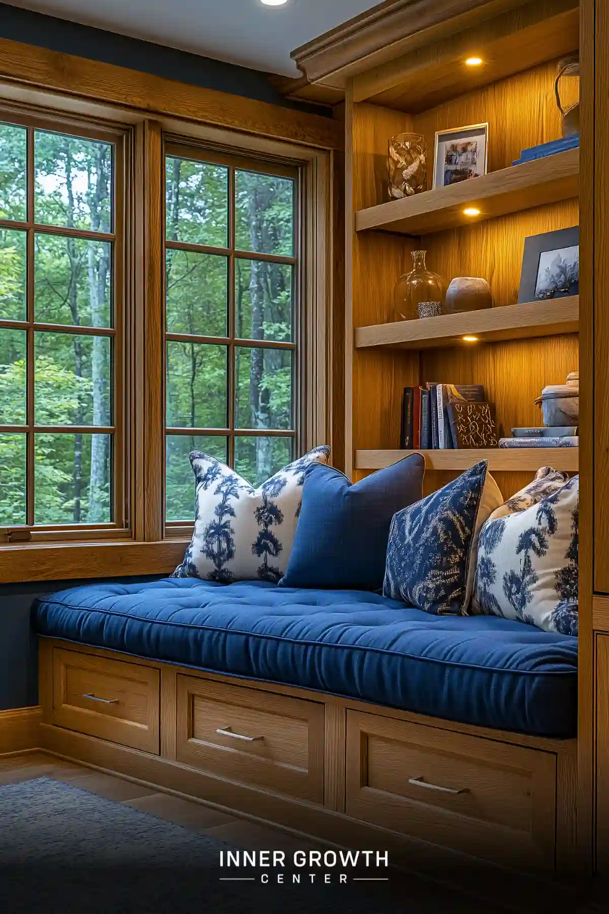 A built-in window seat features a navy blue tufted cushion, patterned pillows, and wooden shelves with accent lighting overlooking a forest view.