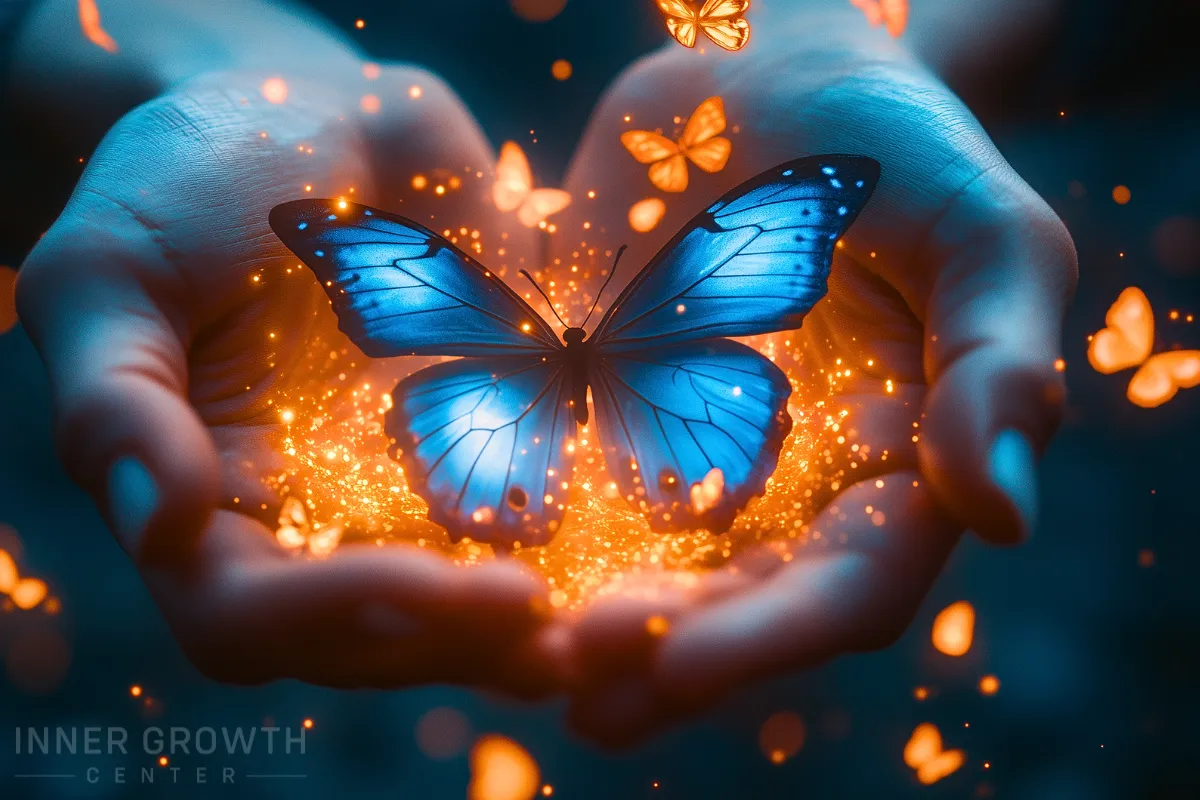 Hands holding a beautiful blue butterfly.