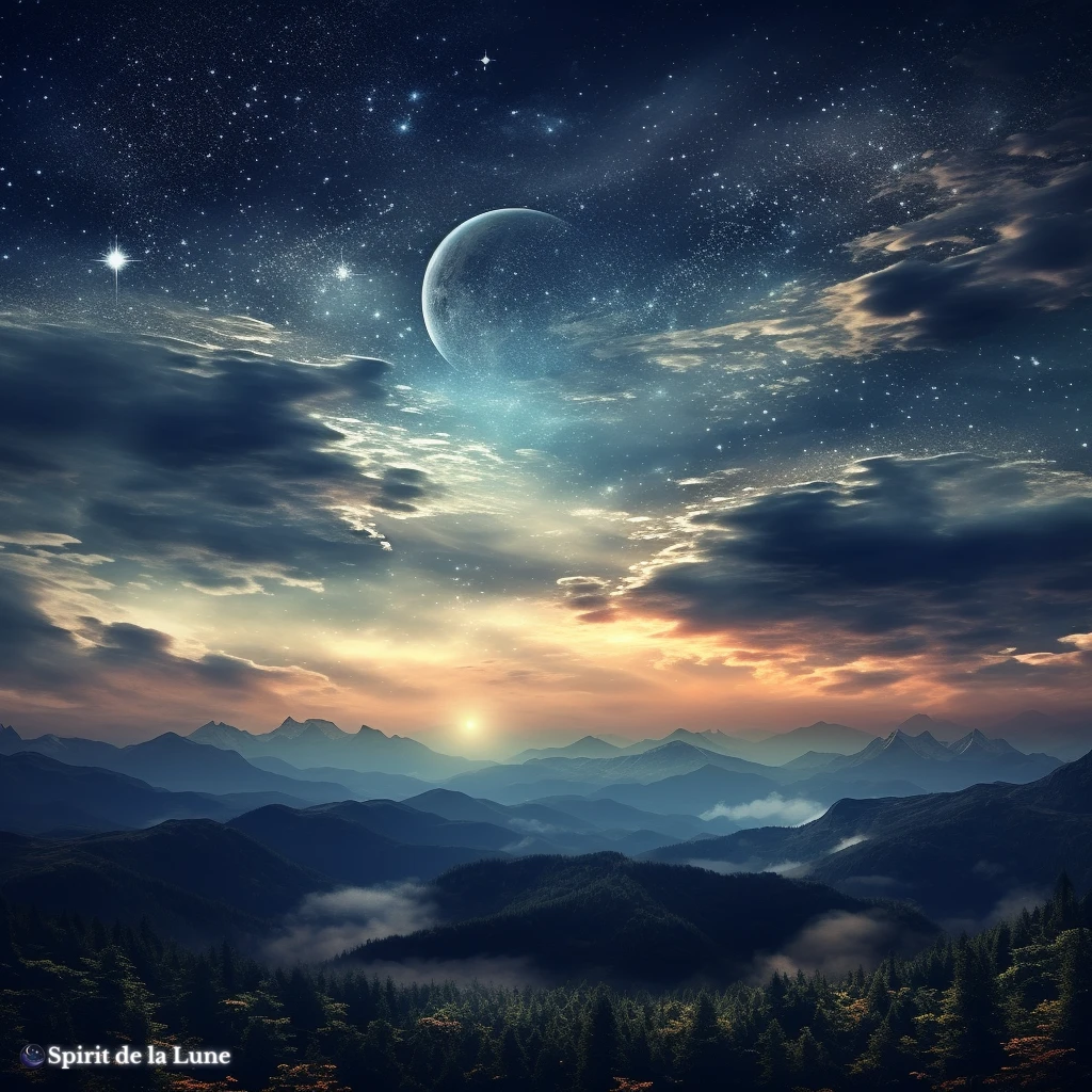 New moon spiritual meaning showing a night sky with clouds, stars and a scenic forest