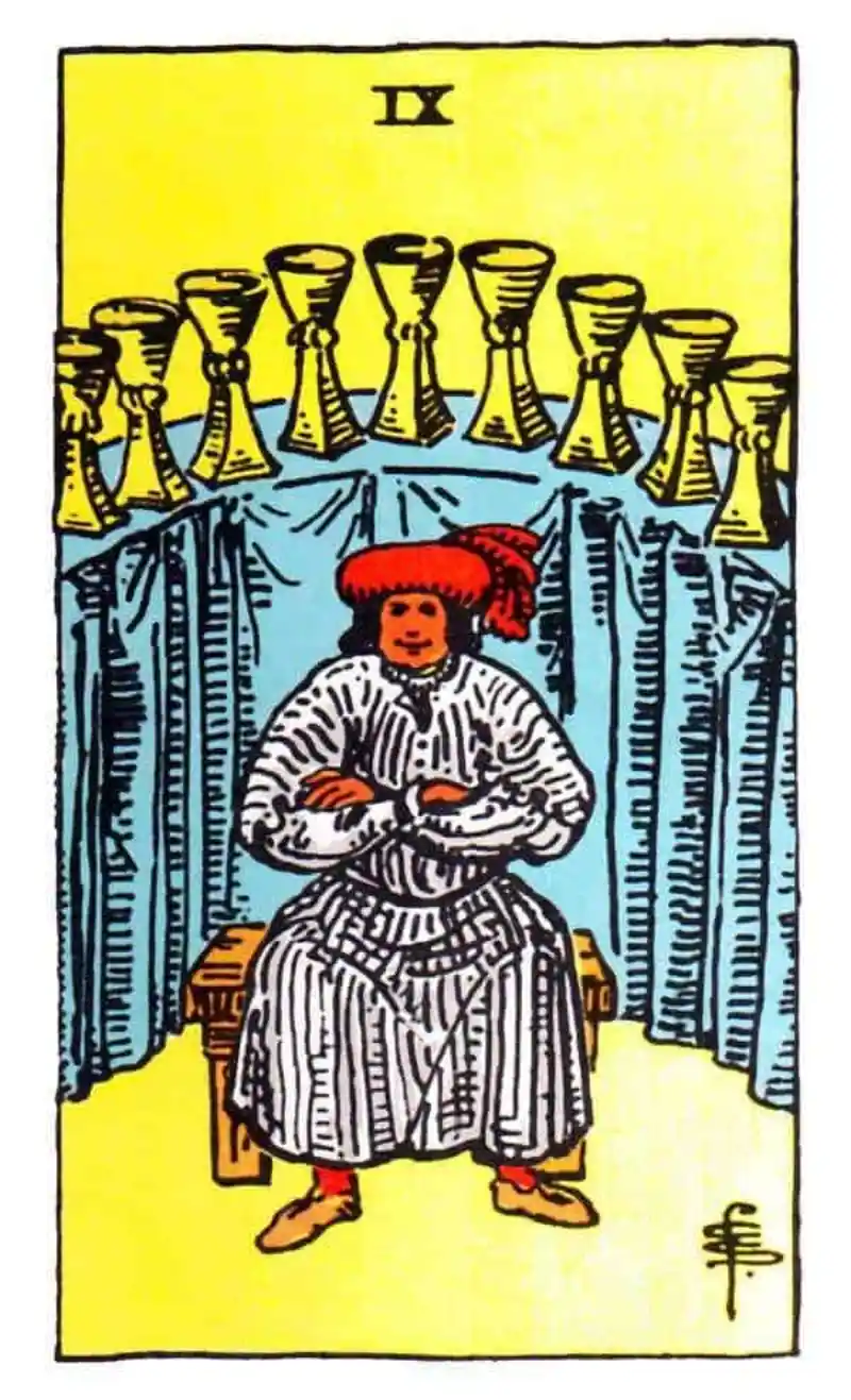 A man seated folding his arms surrounded by cups as the nine of cups tarot card.