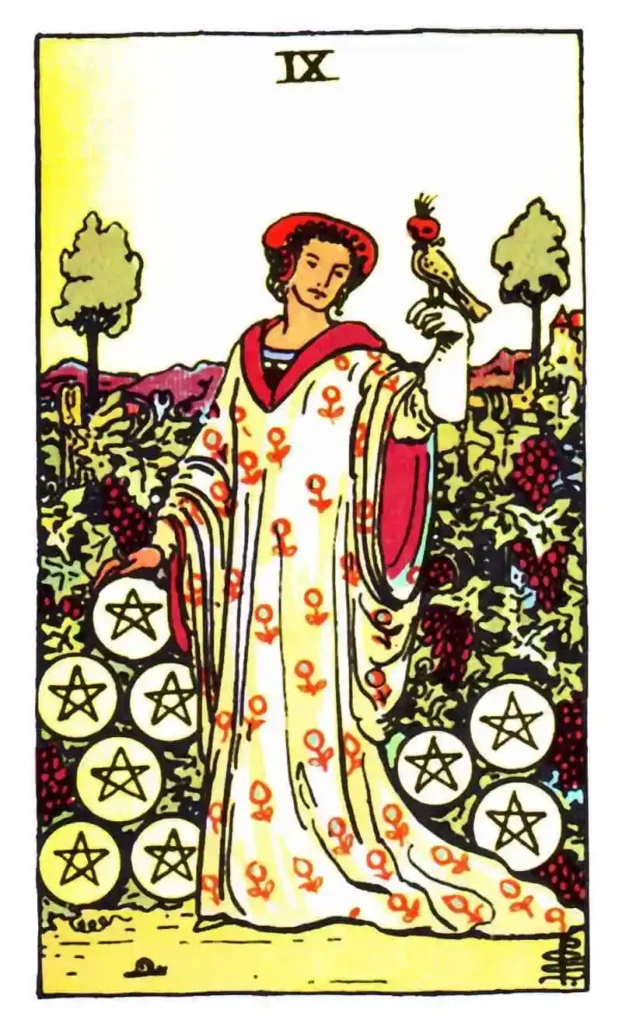 A woman in a dress with a bird on her hand and 9 pentacles as the tarot card.