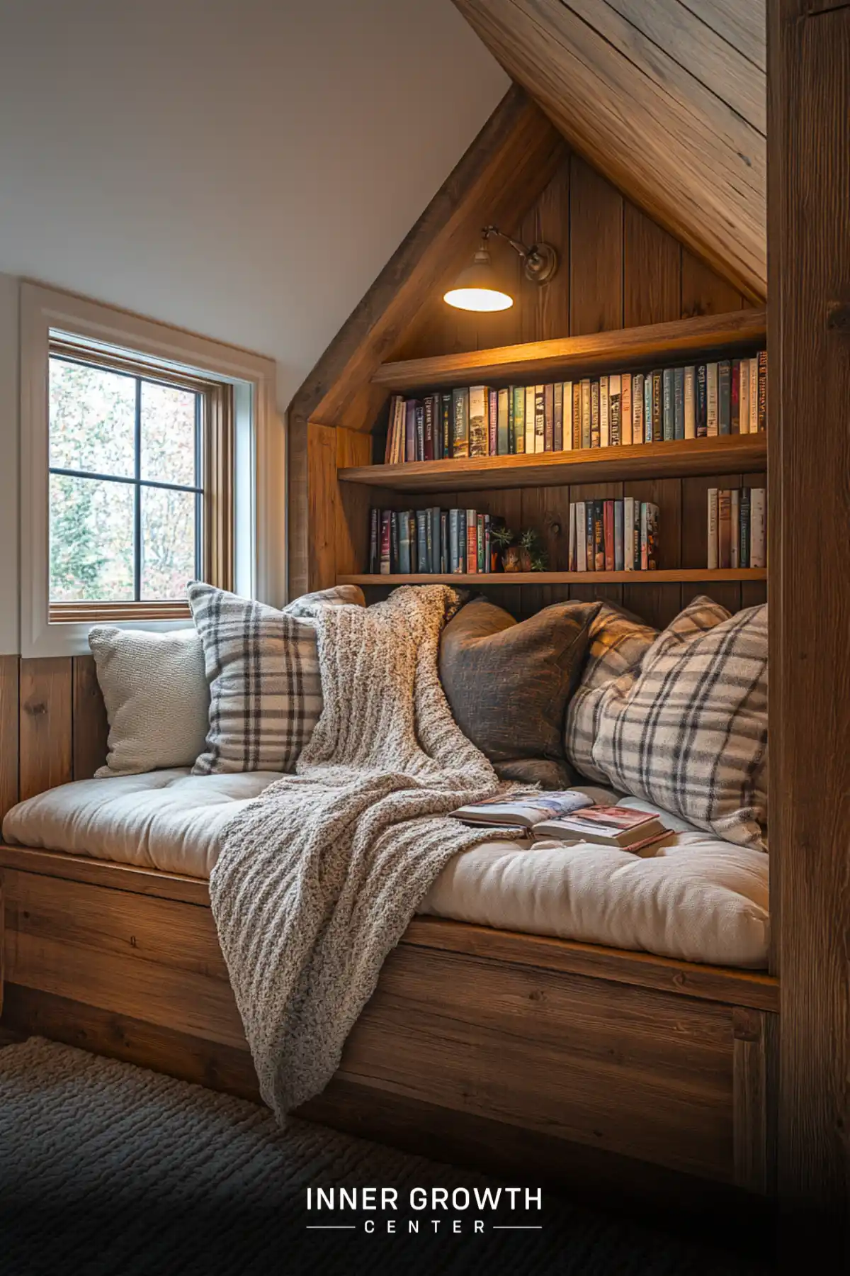 A cozy built-in window seat nestled in pine paneling features plaid pillows, a knit throw, and built-in bookshelves illuminated by a wall-mounted lamp.