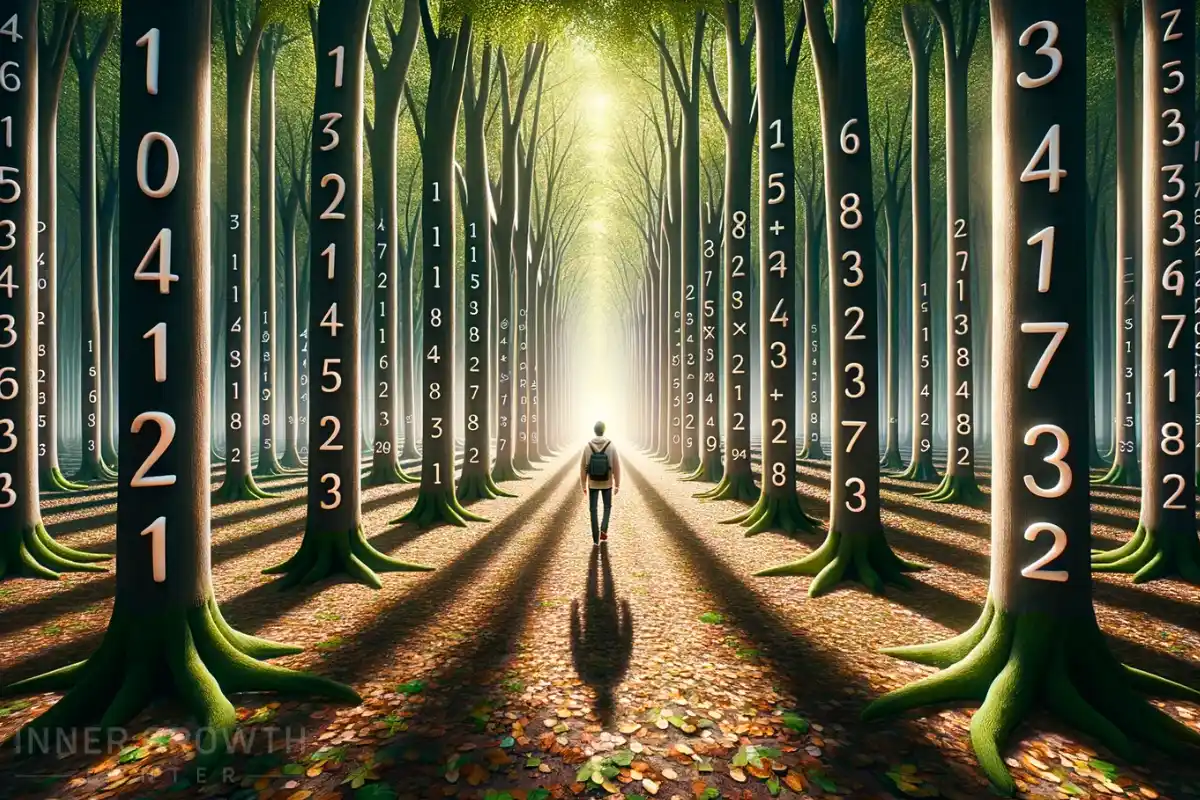 A man being led by numbers in a forest of trees all with numbers.